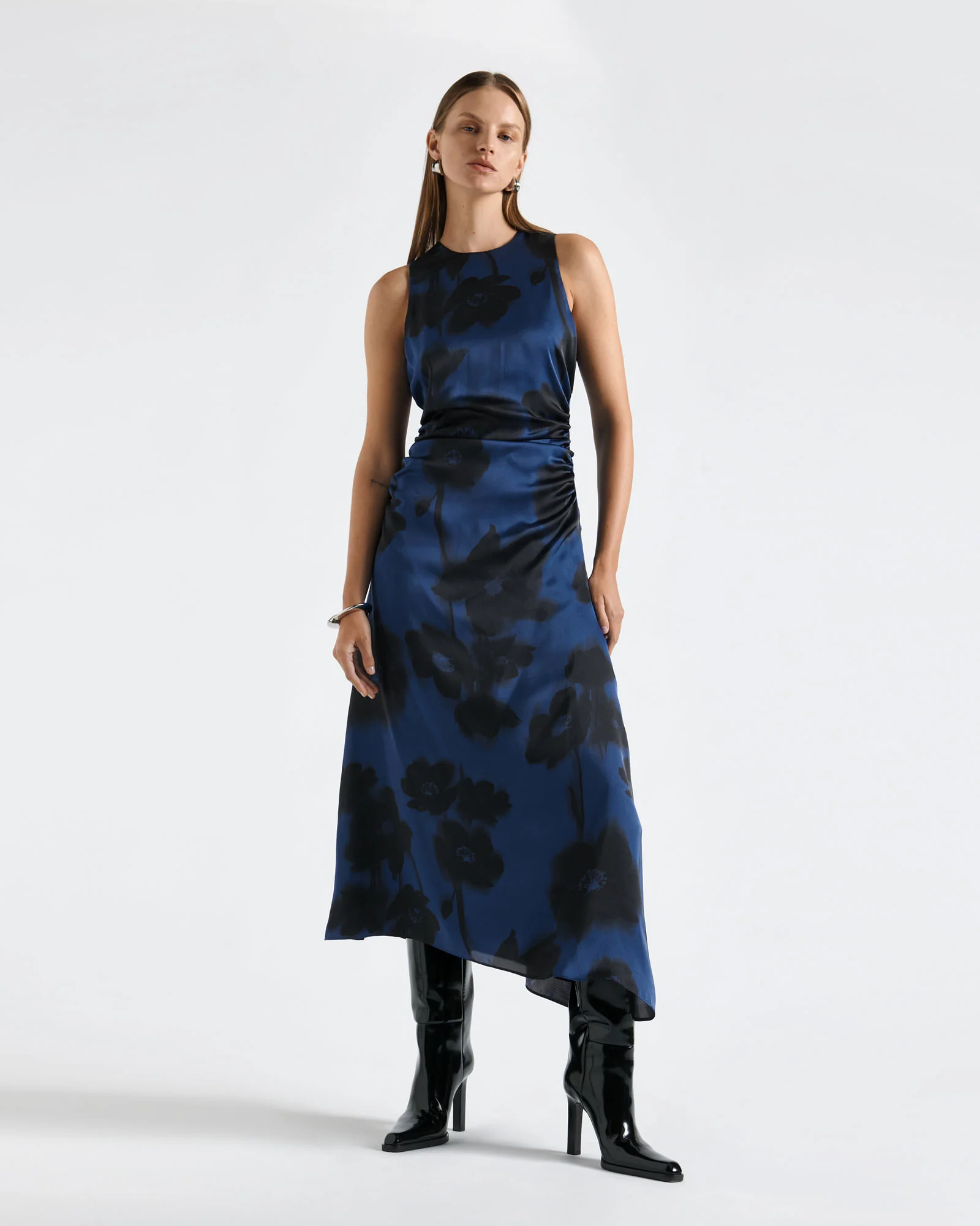 Falling Floral Satin Midi Dress