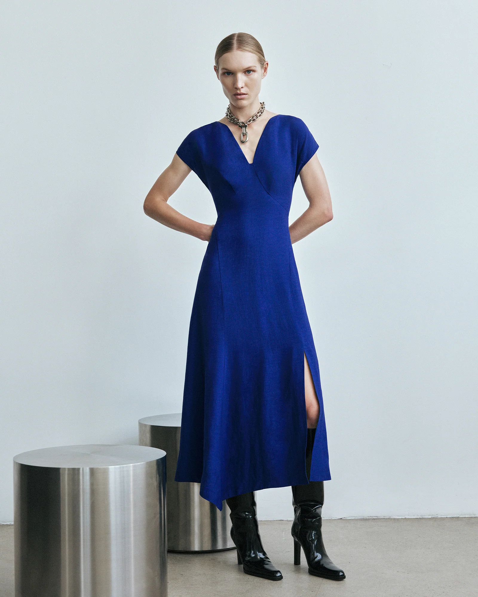 Viscose Blend V-Neck Midi Dress