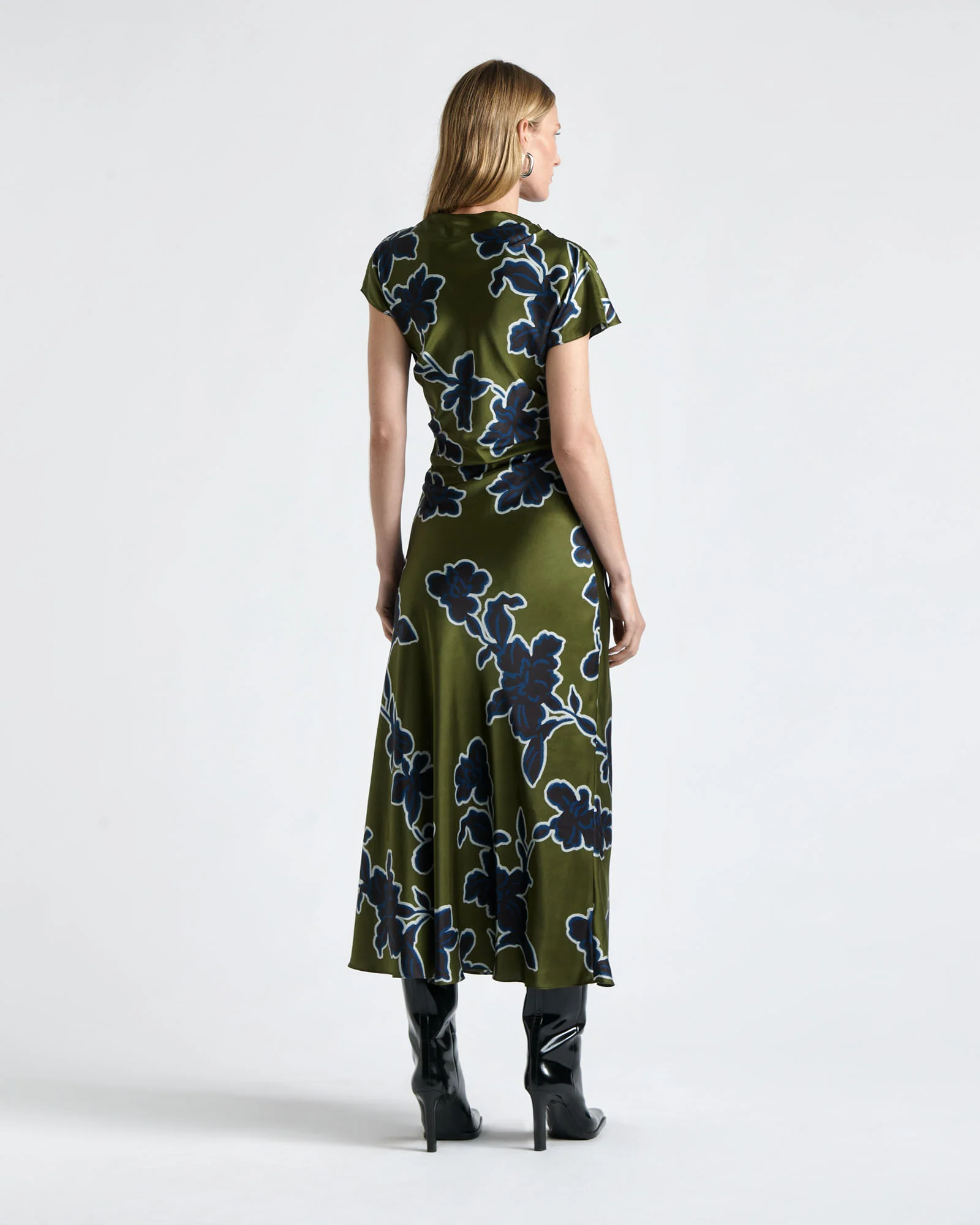 Olivine Illustrated Floral Satin Midi Dress