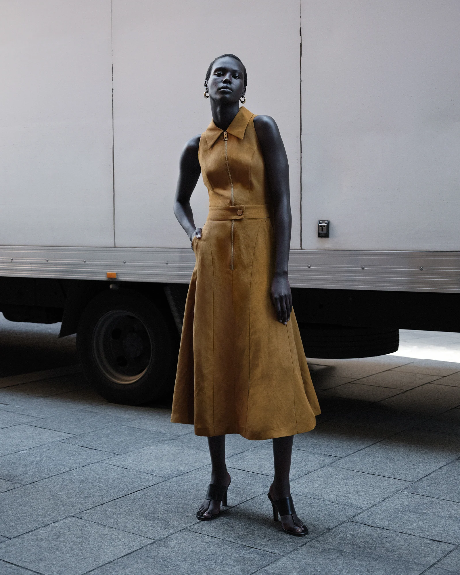 Hazelnut Linen Blend Midi Dress