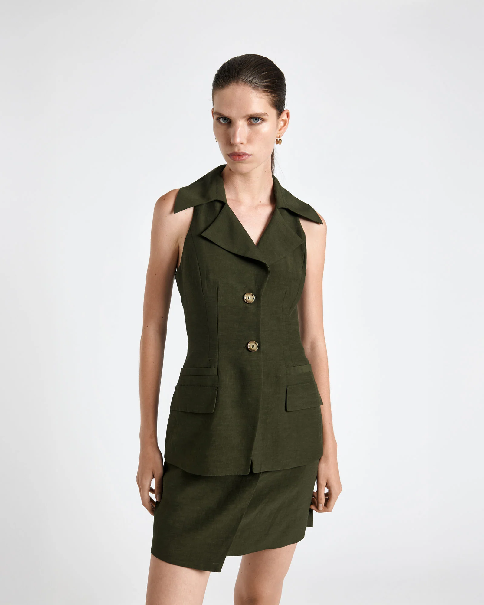 Dark Olive Viscose Blend Collared Vest