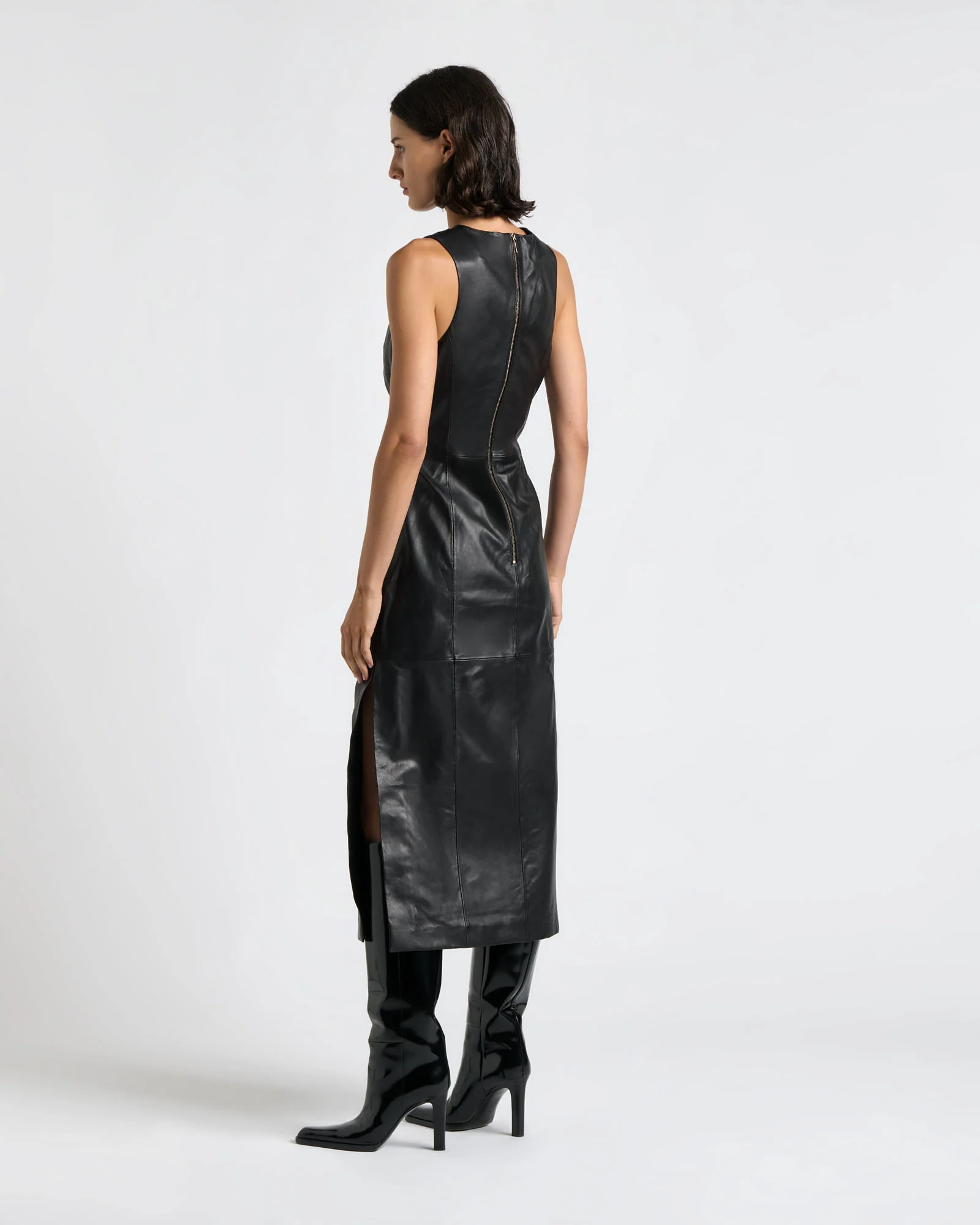 Leather Tucked Midi Dress