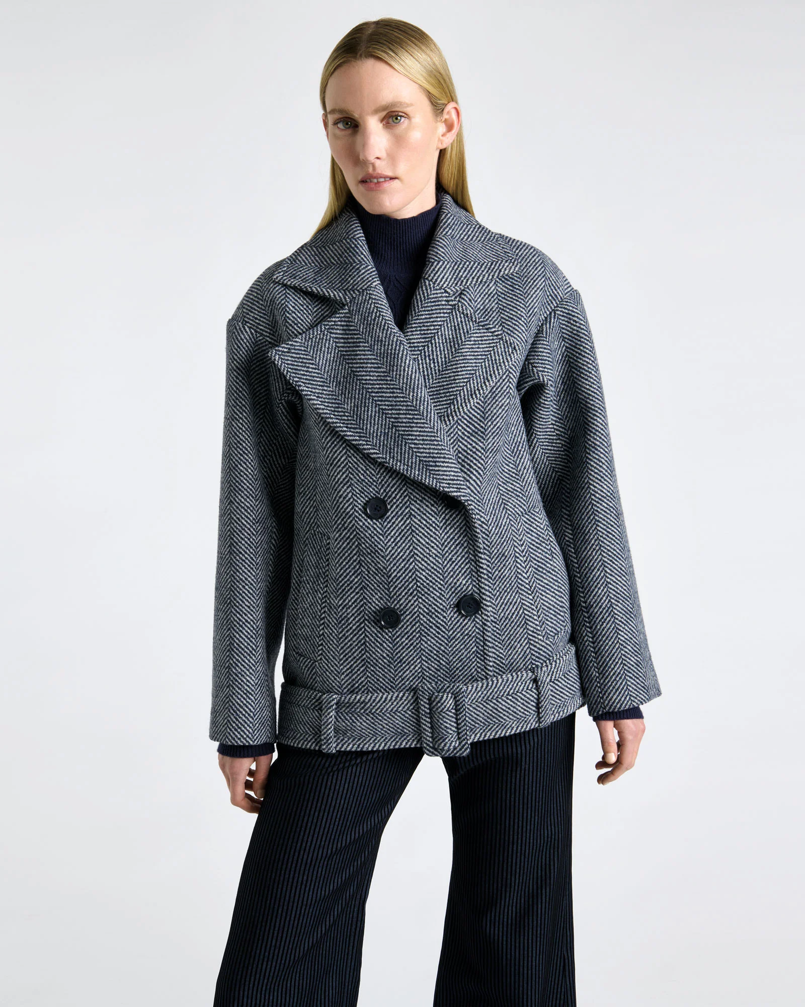 Wool Herringbone Coat With Faux Fur Collar