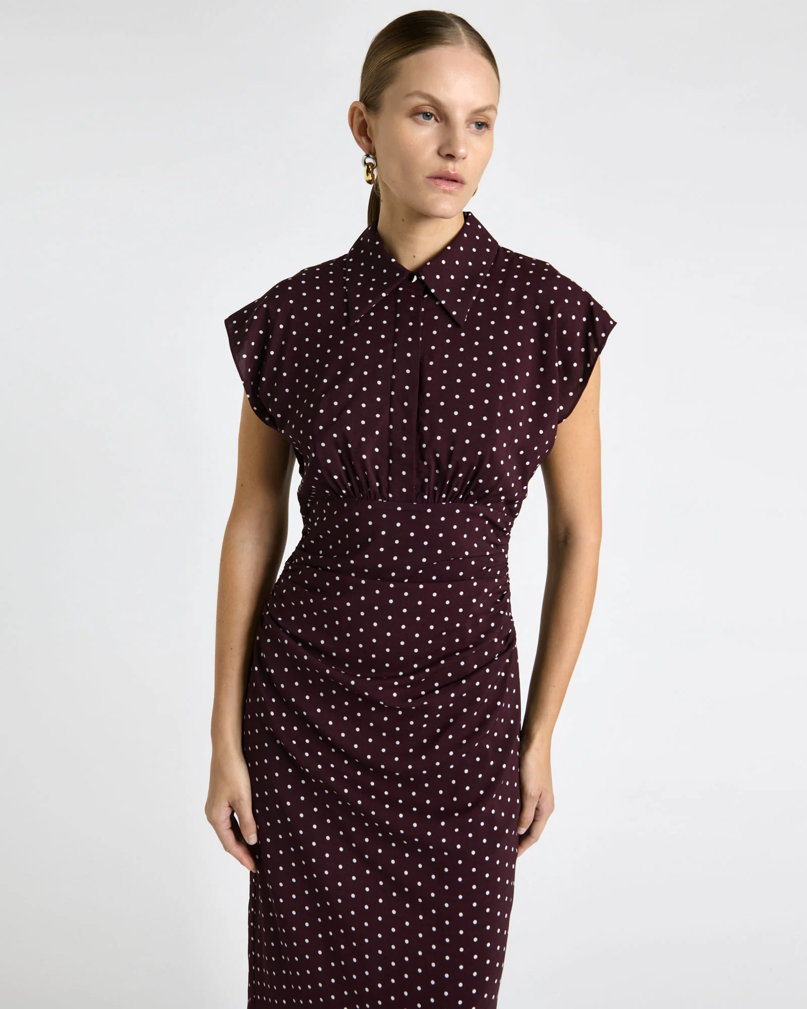 Plum Polka Dot Collared Midi Dress