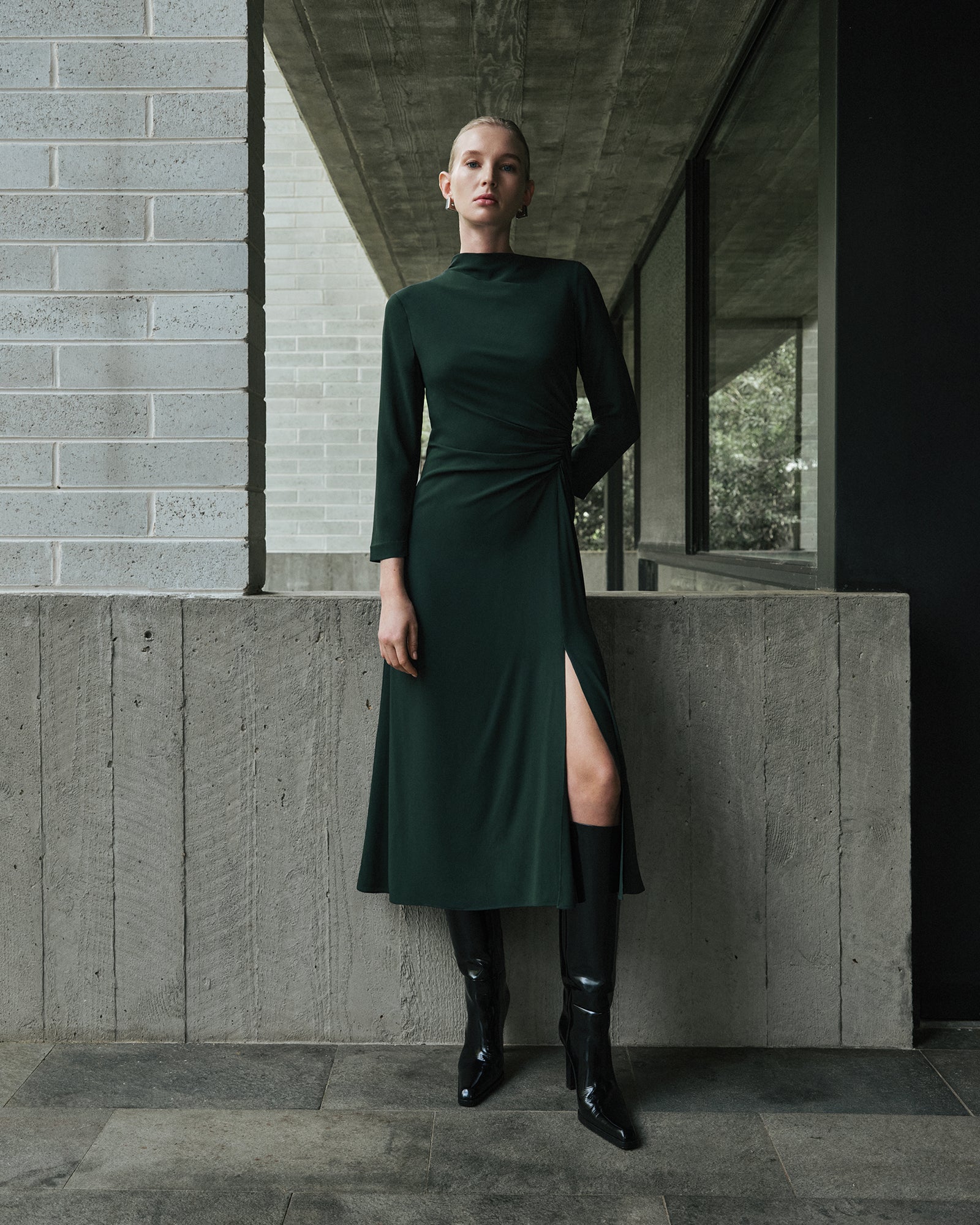Forest Soft Viscose Draped Long Sleeve Dress