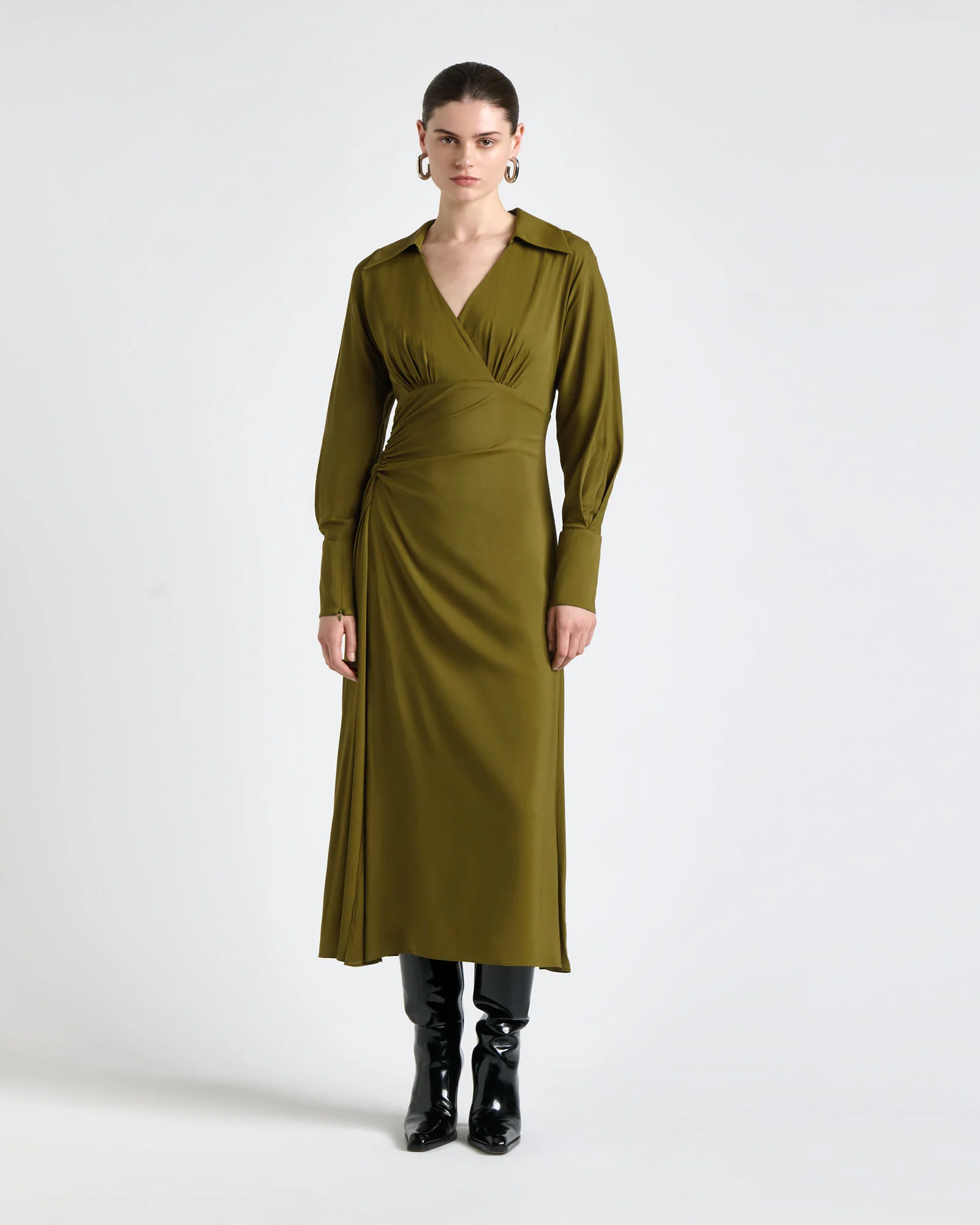 Olive Long Sleeve Ruched Midi Dress