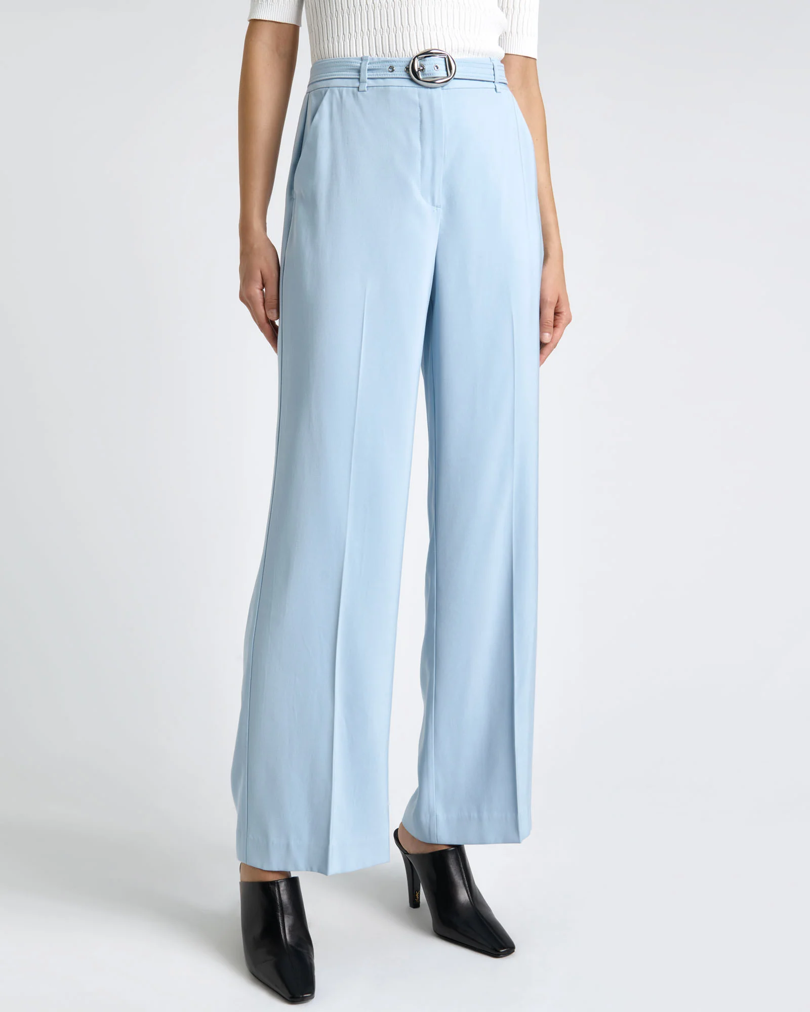 Pale Blue Viscose Twill Straight Leg Belted Pant