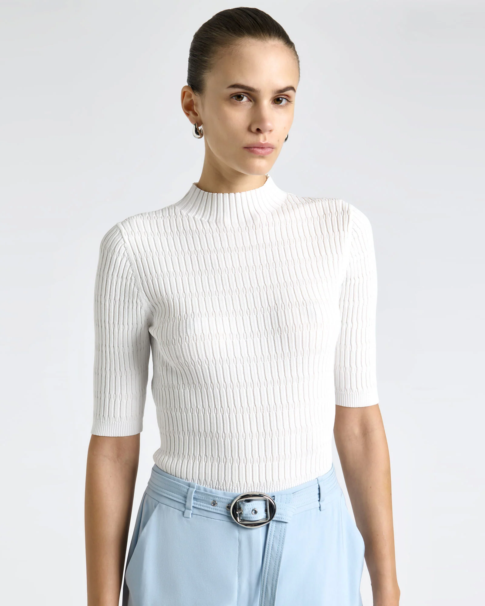 Textured Elbow Sleeve Funnel Neck Knit