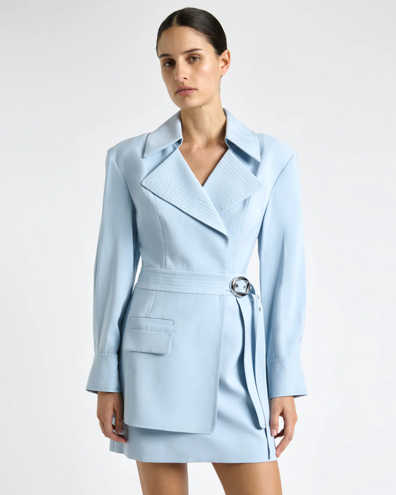 Pale Blue Viscose Twill Trench Mini Dress