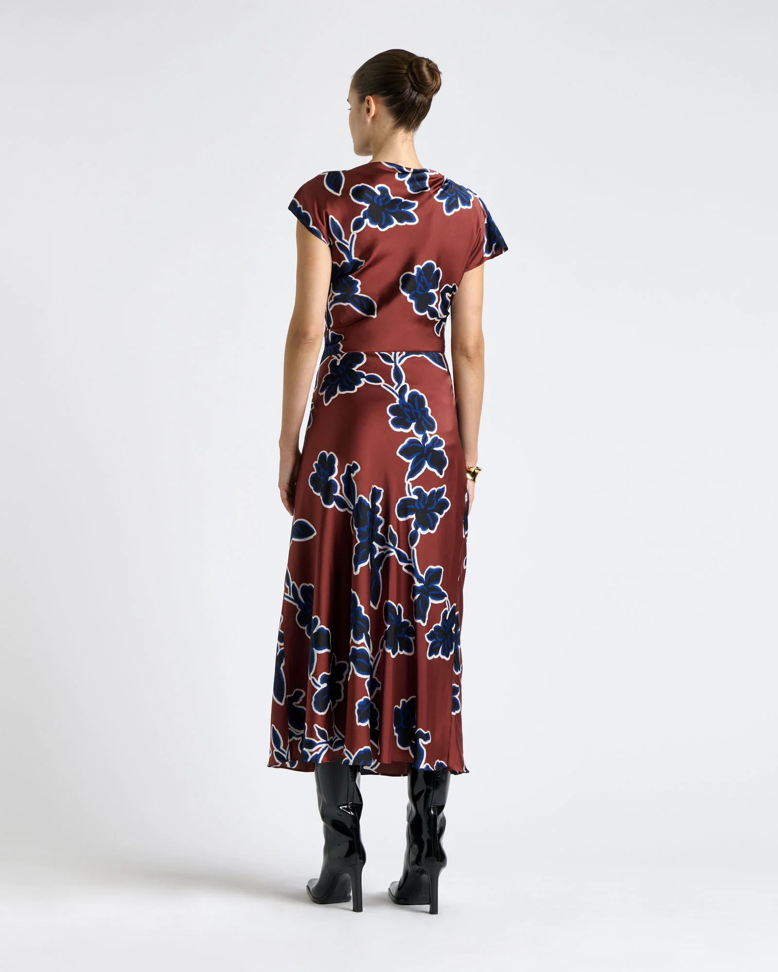 Rosewood Illustrated Floral Satin Midi Dress
