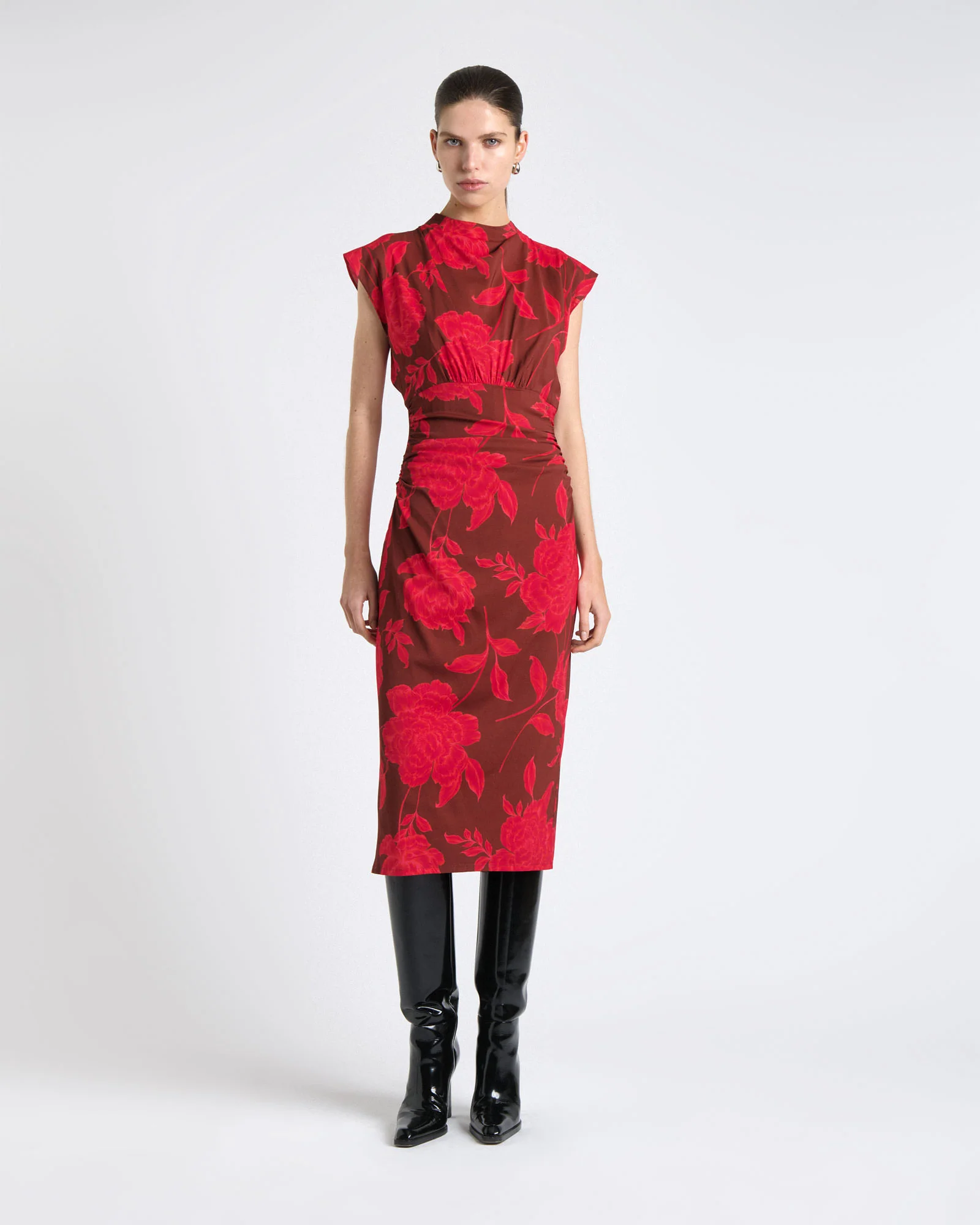 Amour Floral Ruched Waist Midi Dress