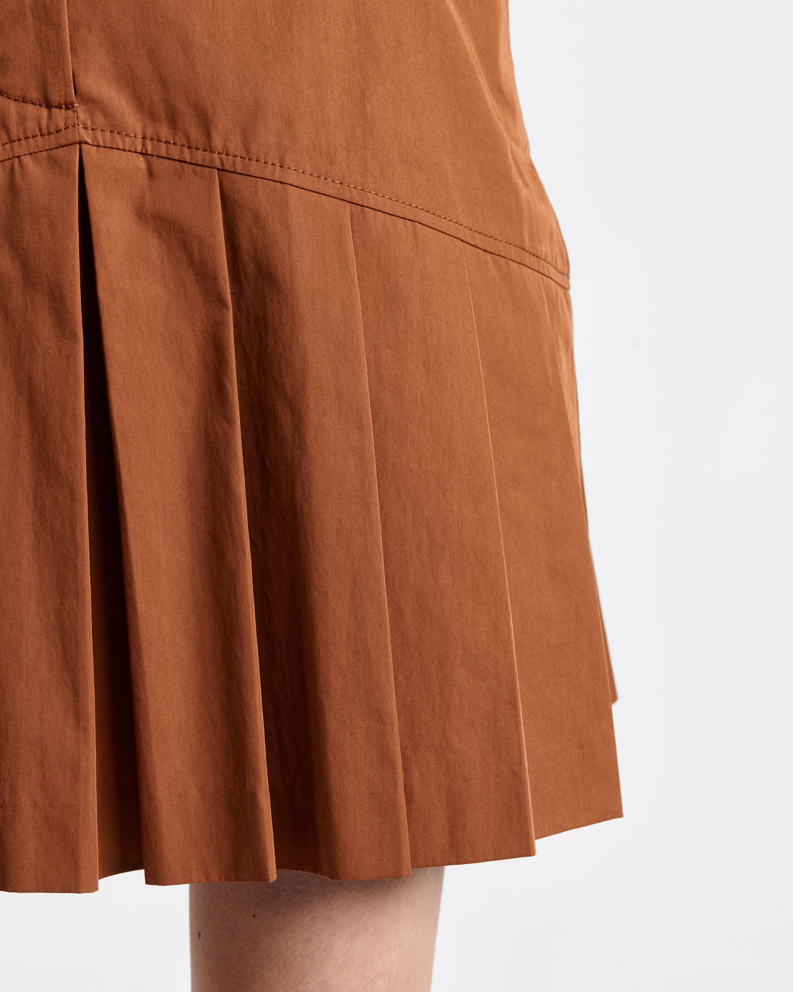 Caramel Cotton Twill Pleated Mini Dress