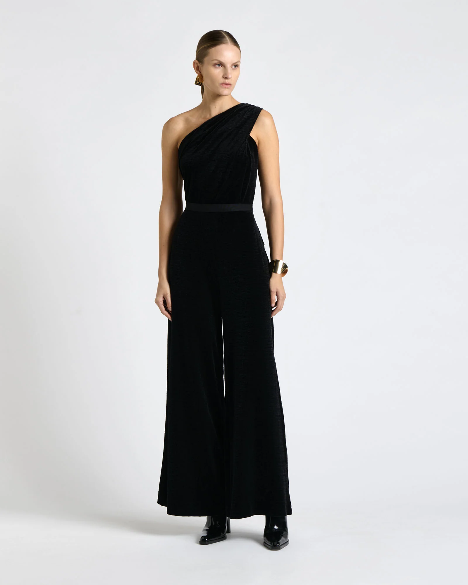 Crinkle Velvet Twisted One Shoulder Jumpsuit