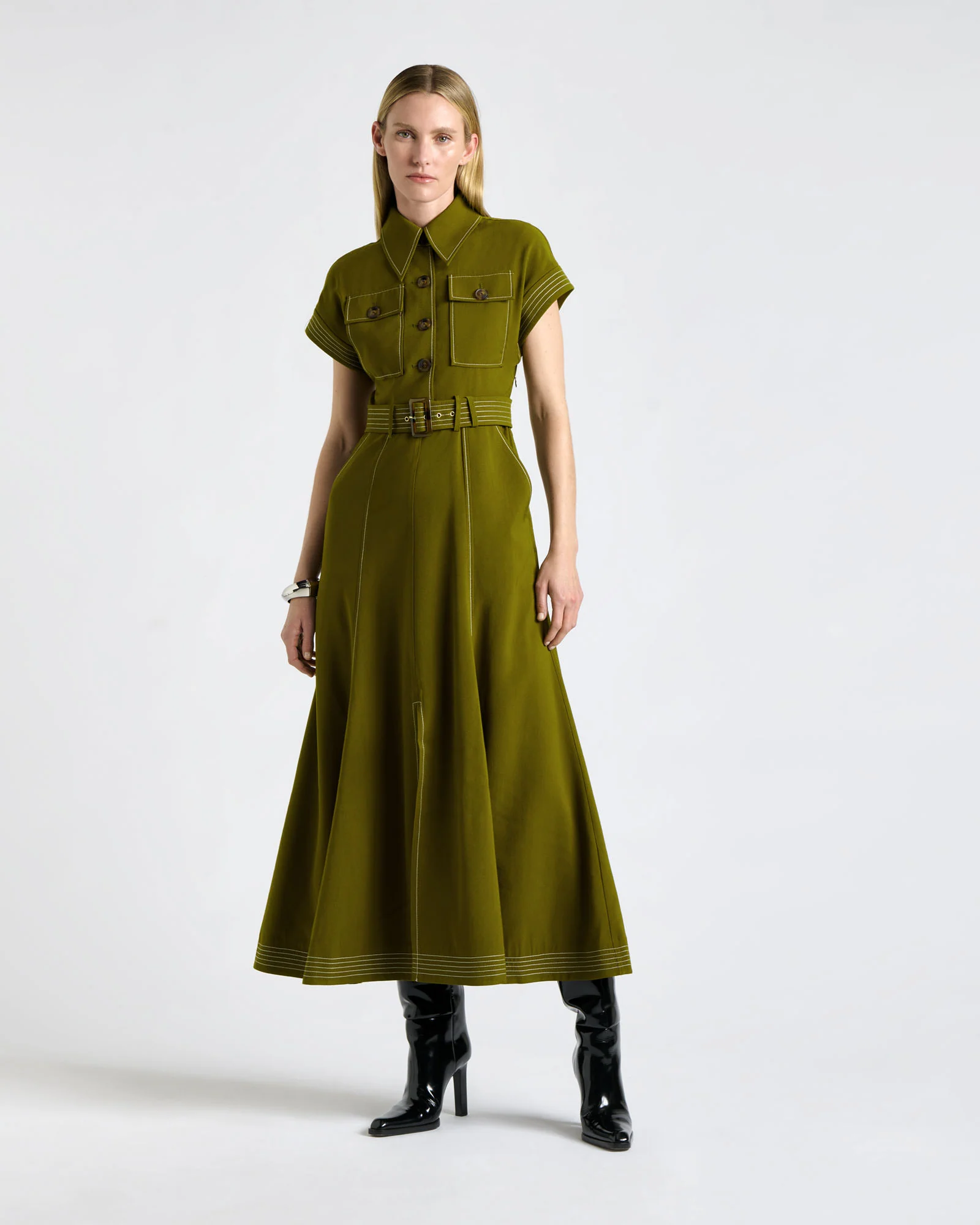 Cactus Green Top Stitched Midi Dress