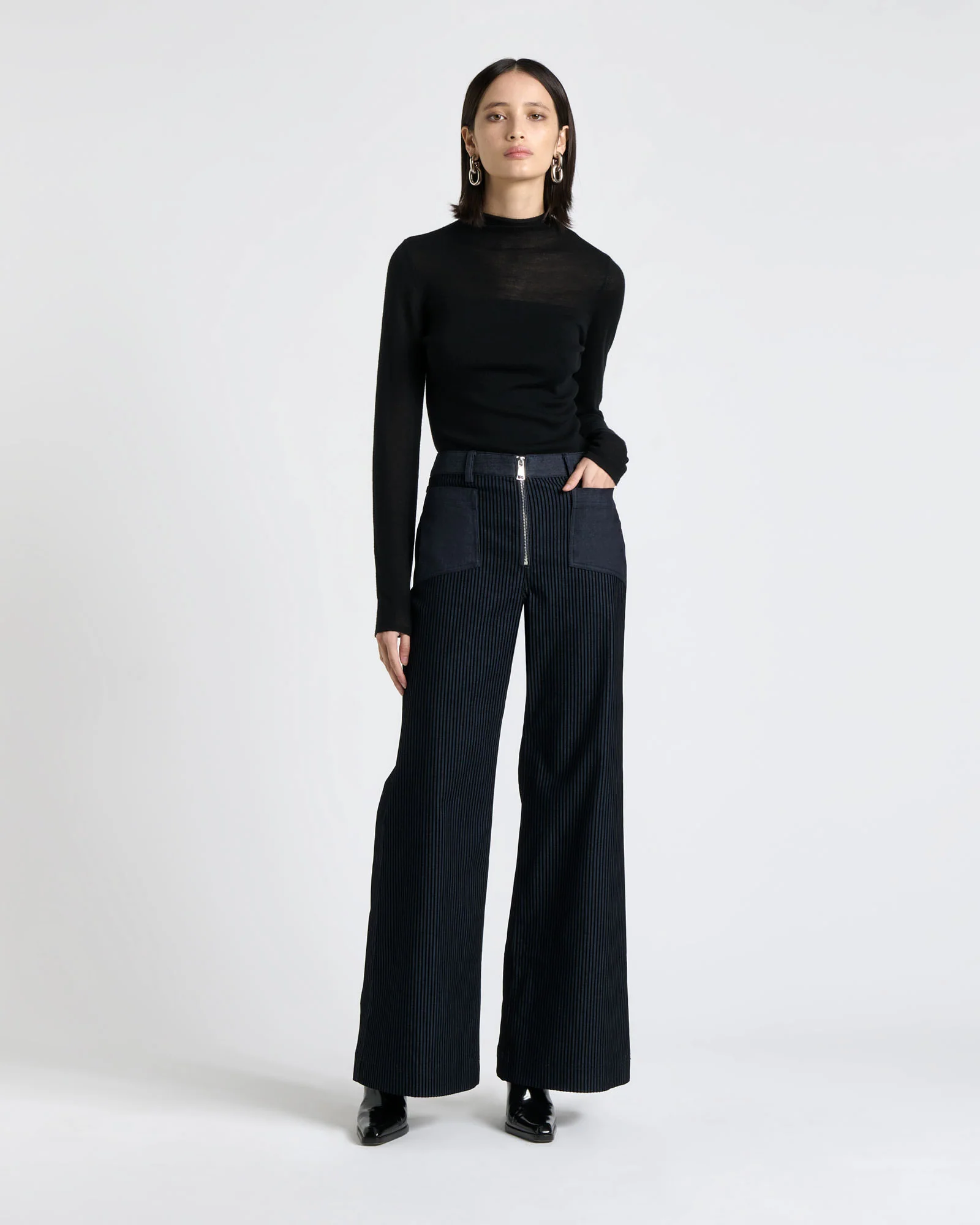 Striped Flocked Denim Wide Leg Jean