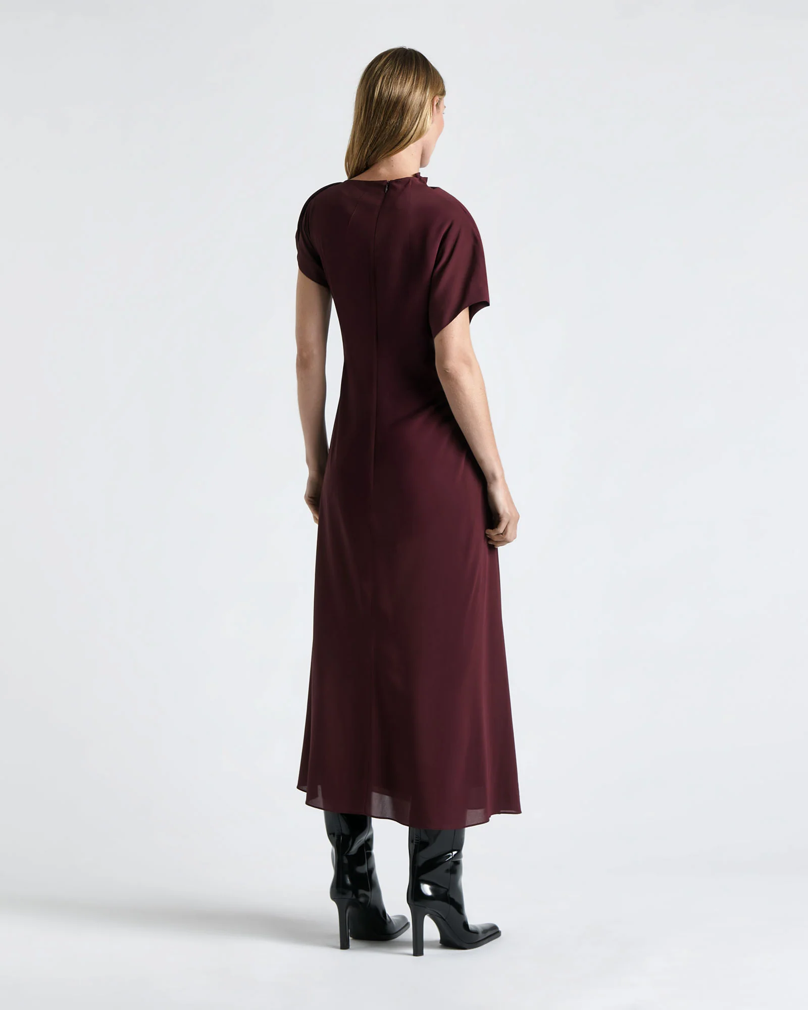 Plum Draped Fold Neck Midi Dress