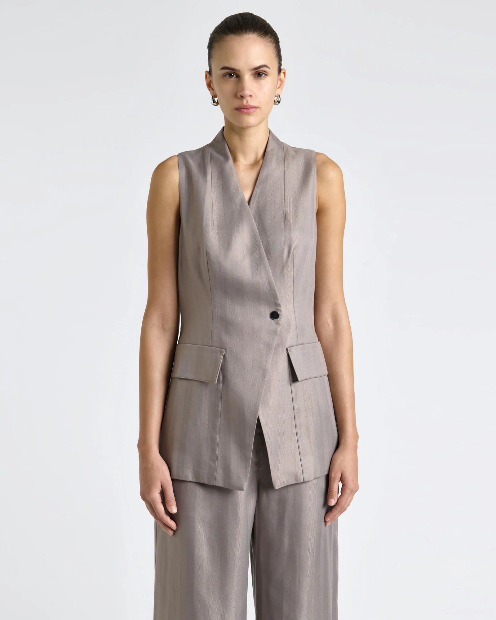 Oyster European Self Stripe Collarless Vest