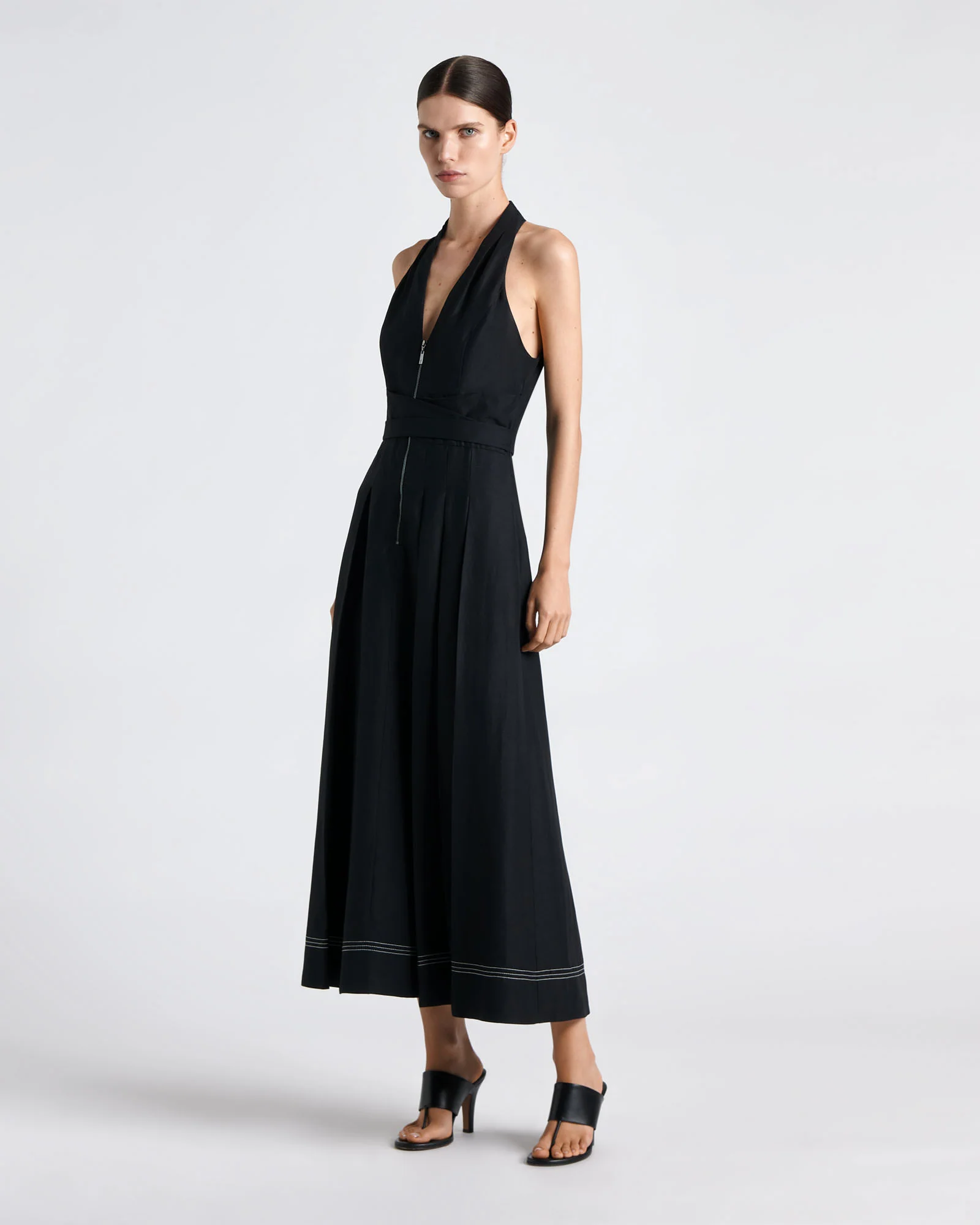 Topstitched Halterneck Midi Dress