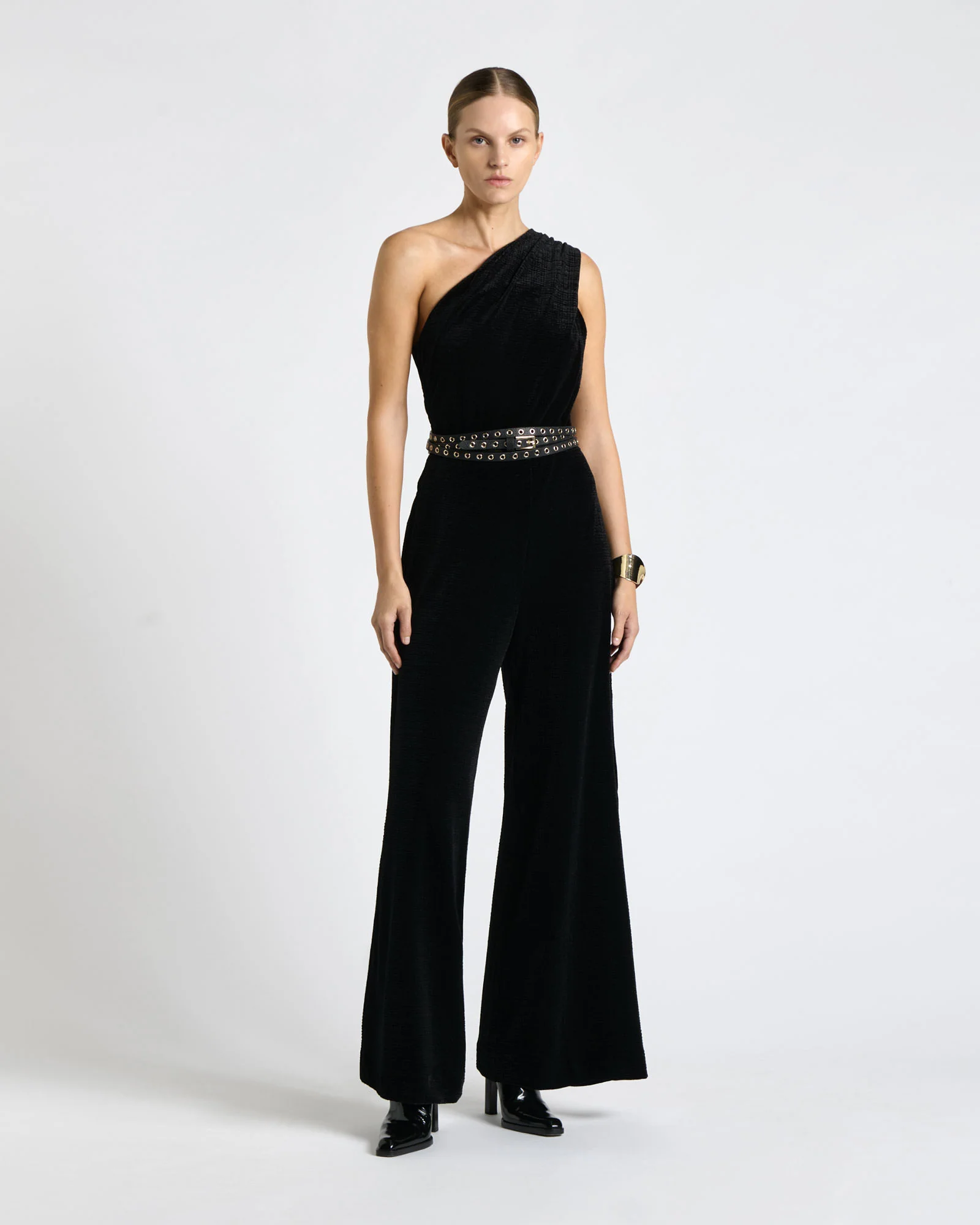 Crinkle Velvet Twisted One Shoulder Jumpsuit