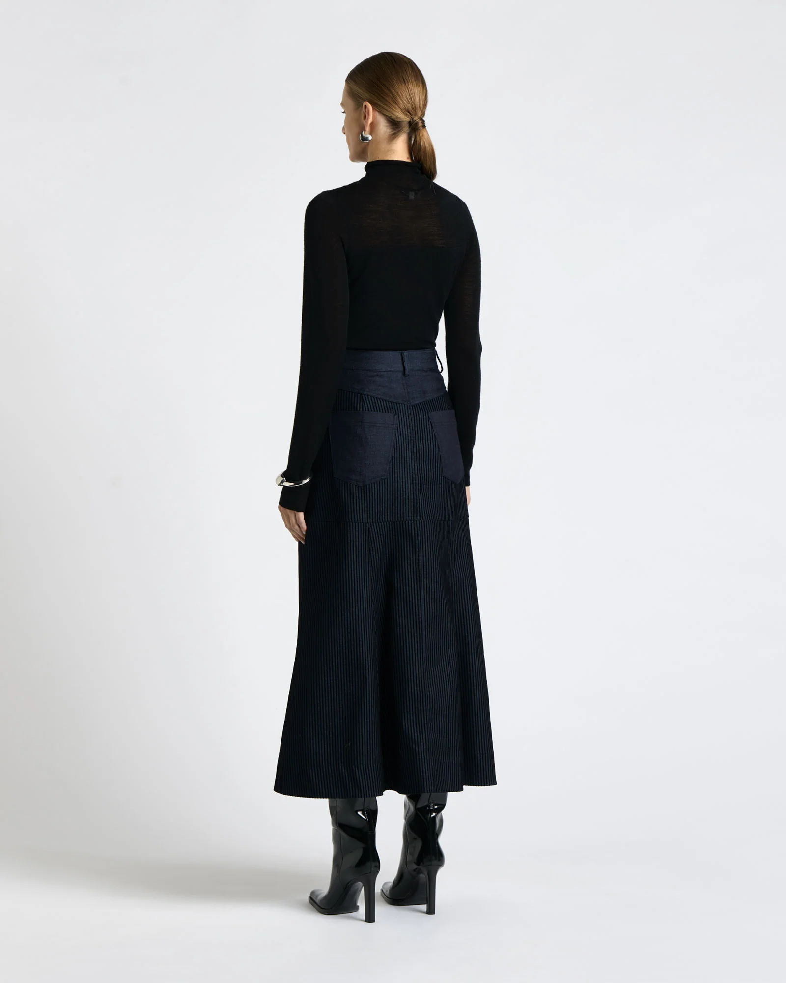 Striped Flocked Denim Midi Skirt