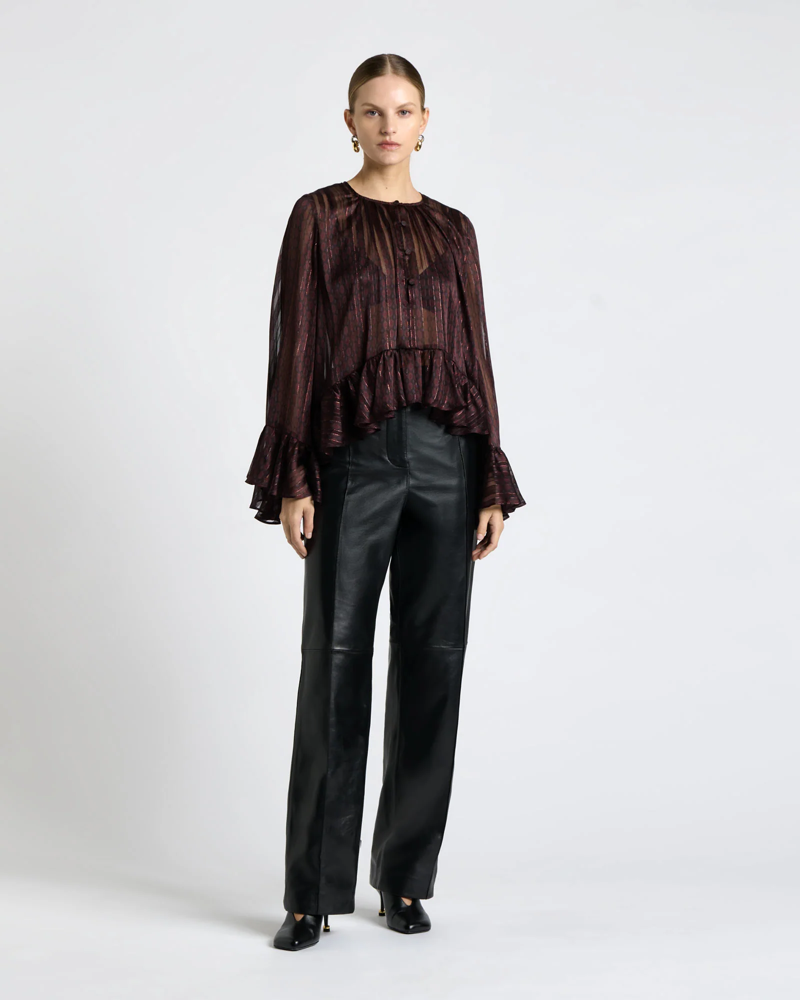 Merlot Lurex Geo Frill Top
