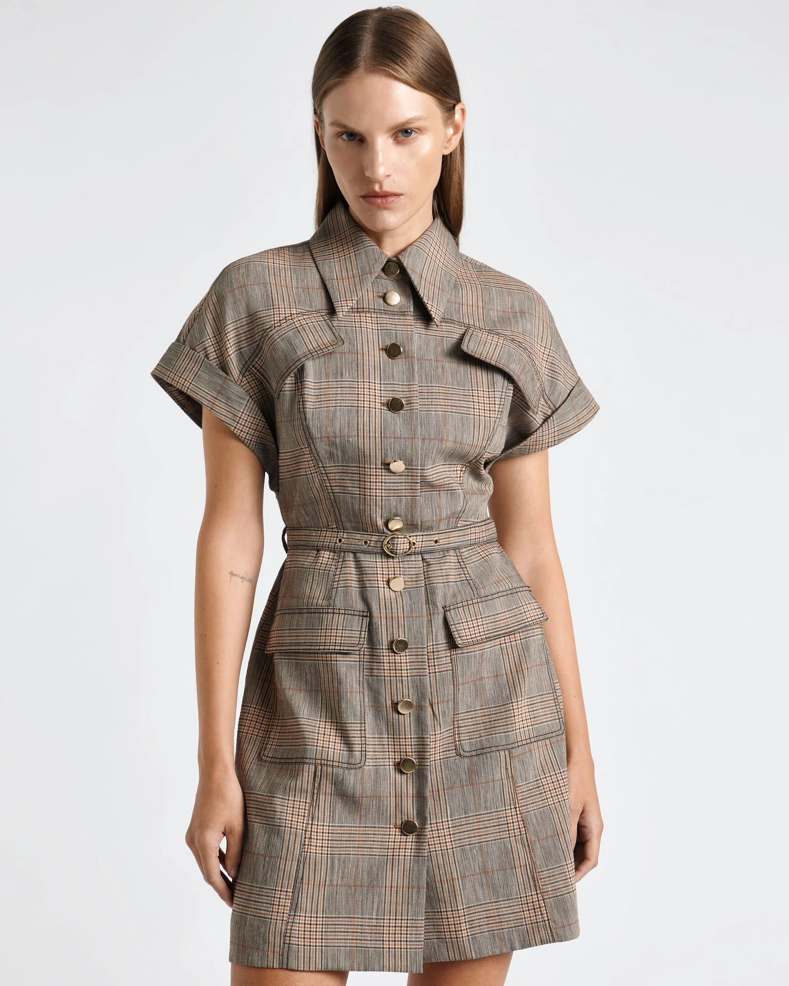 European Linen Wool Check Mini Dress