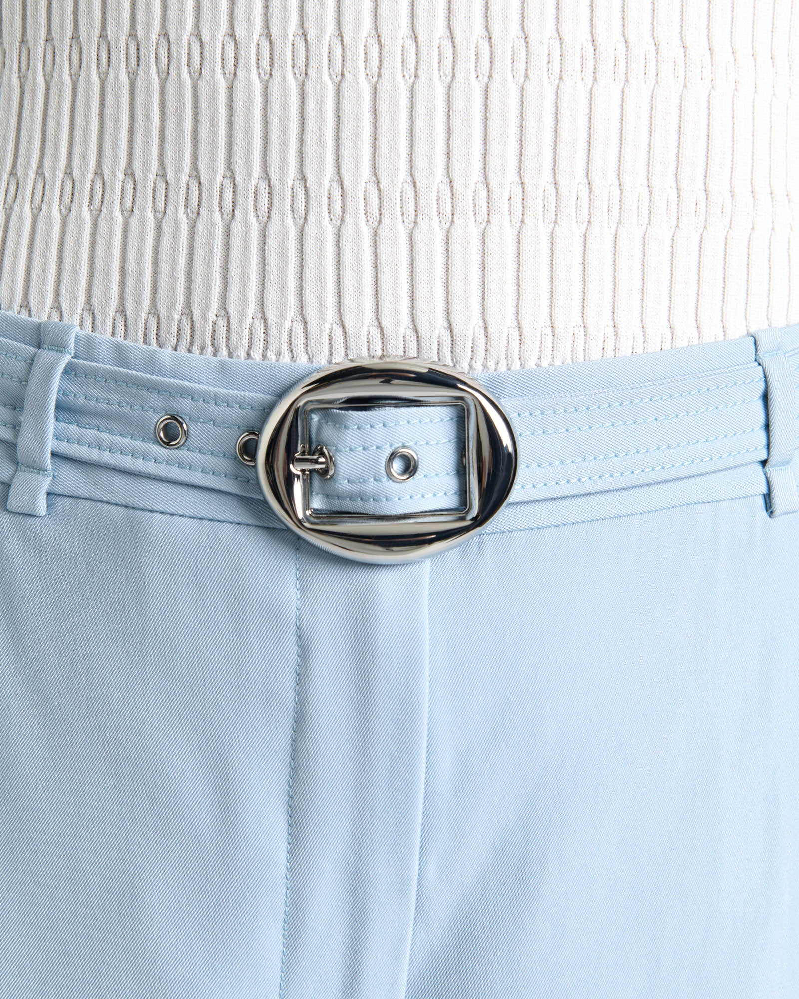 Pale Blue Viscose Twill Straight Leg Belted Pant