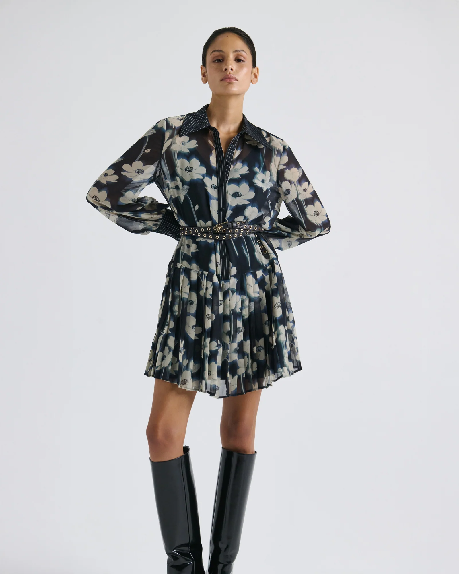 Falling Floral Pleated Shift Dress