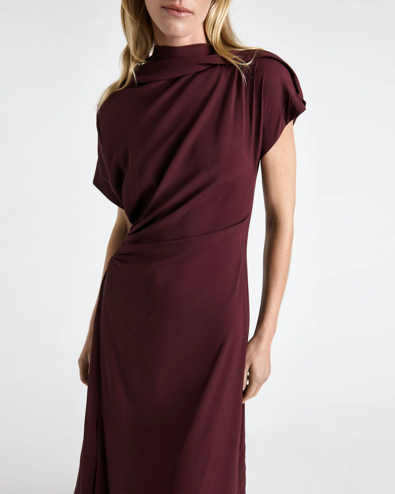 Plum Draped Fold Neck Midi Dress