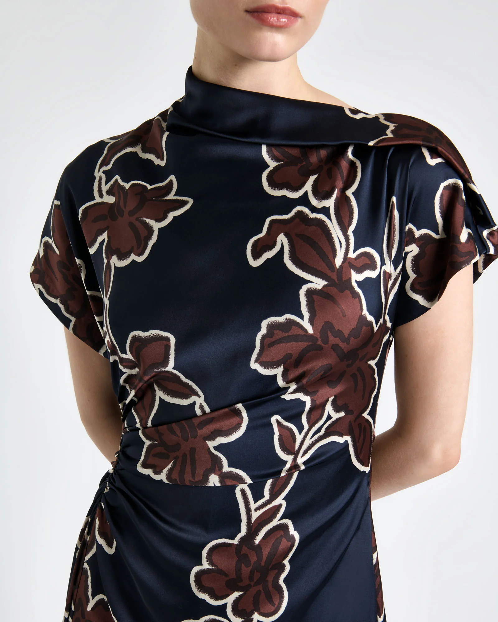 Ink Illustrated Floral Satin Fold Neck Dress
