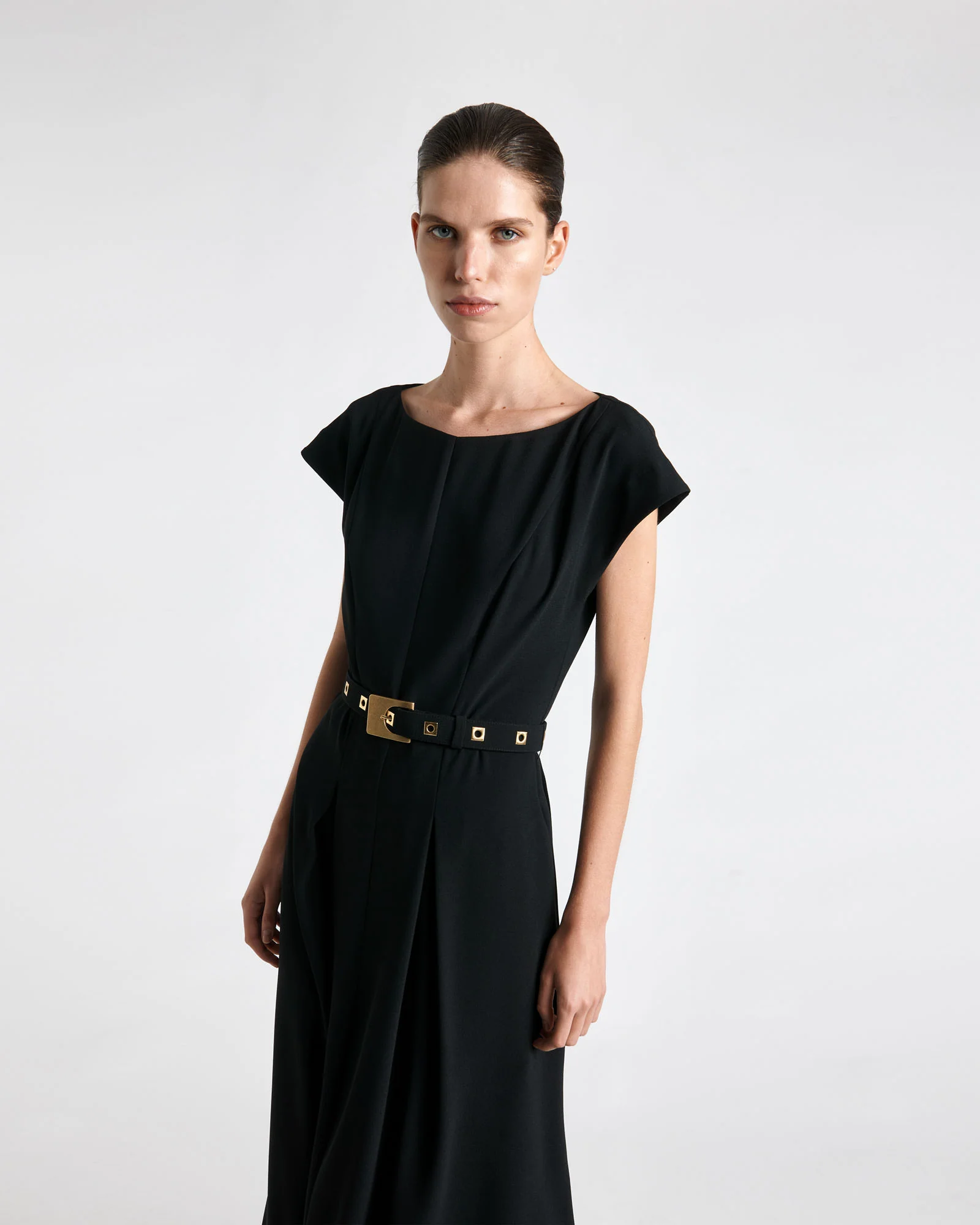 Square Buckle Belted Midi Dress