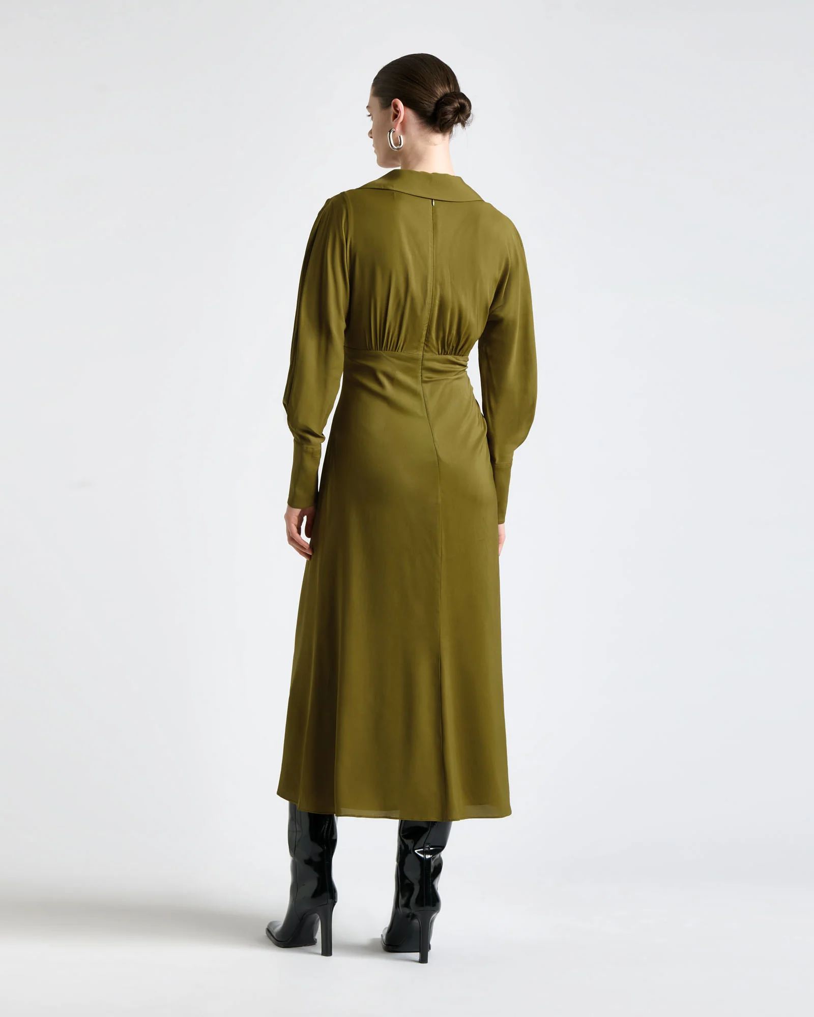 Olive Long Sleeve Ruched Midi Dress