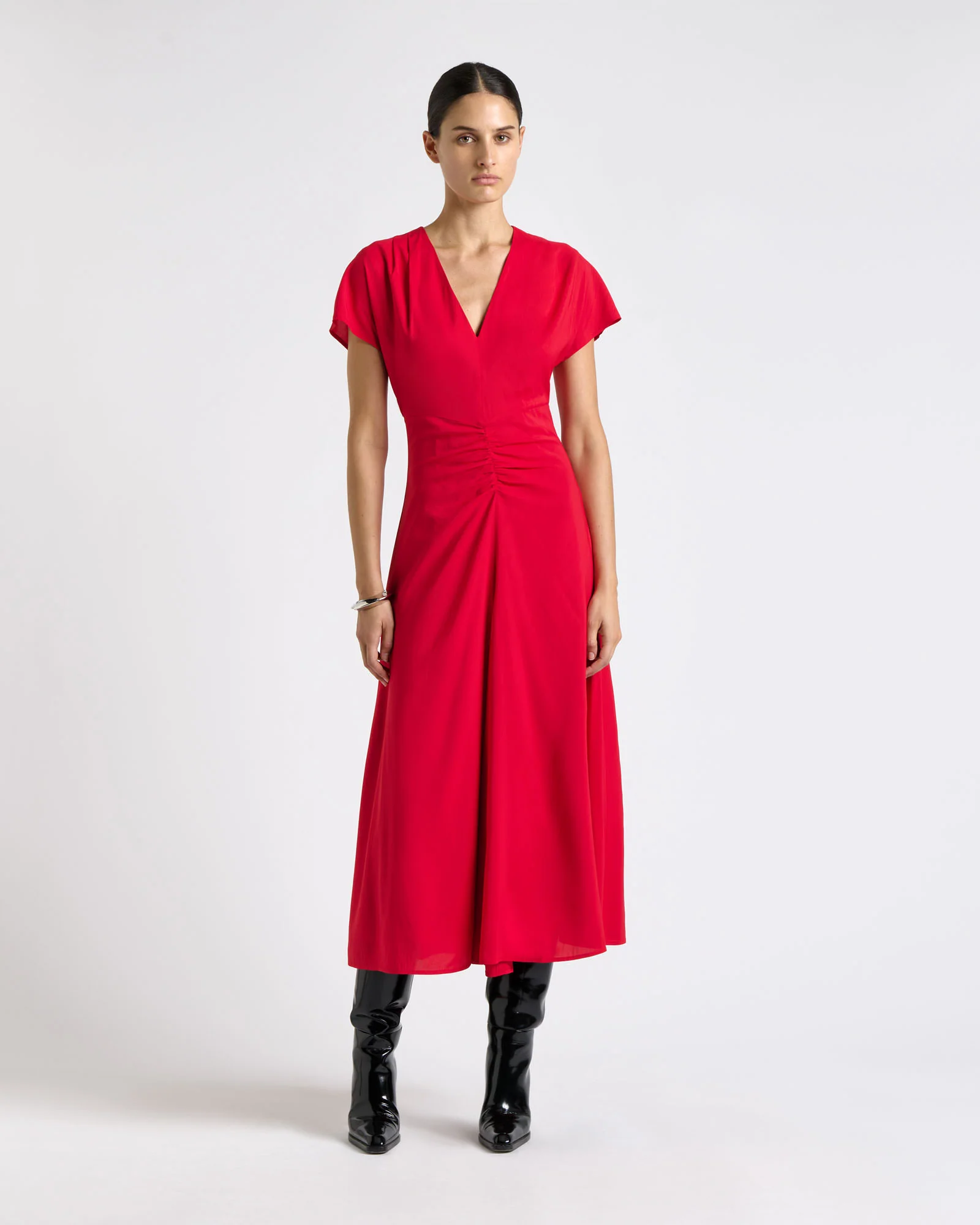 Raspberry Stretch Viscose Gathered Front Midi Dress