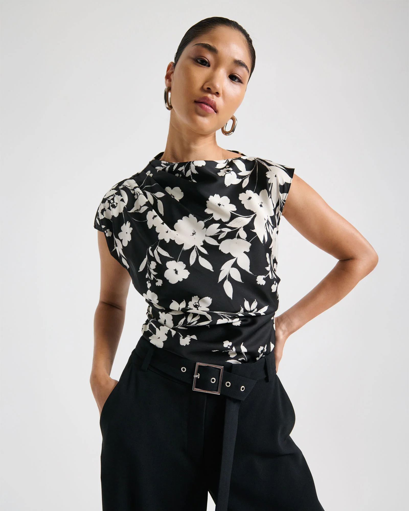 Shadow Stencil Floral Satin Top