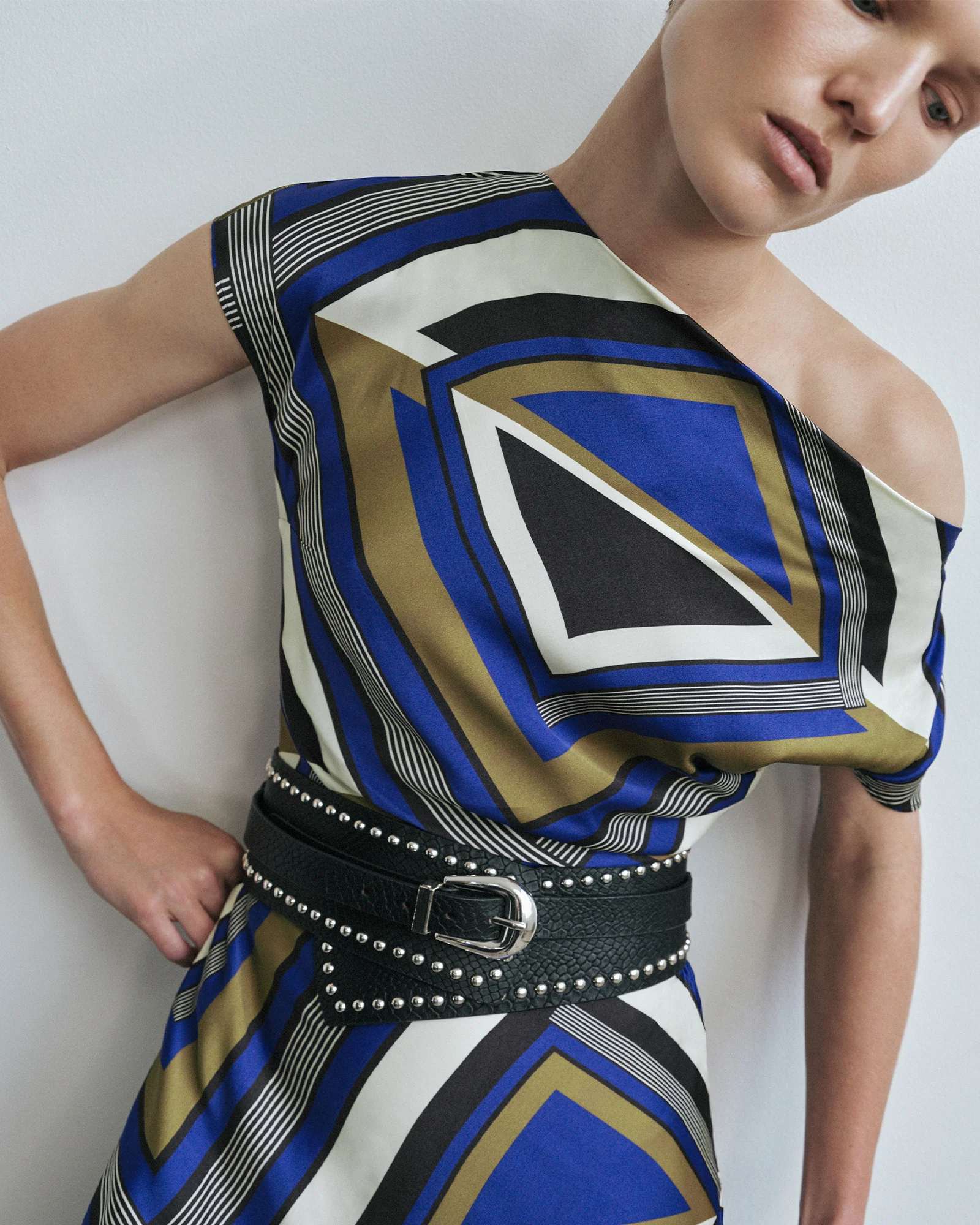 Cobalt Tile Draped Neck Asymmetric Dress