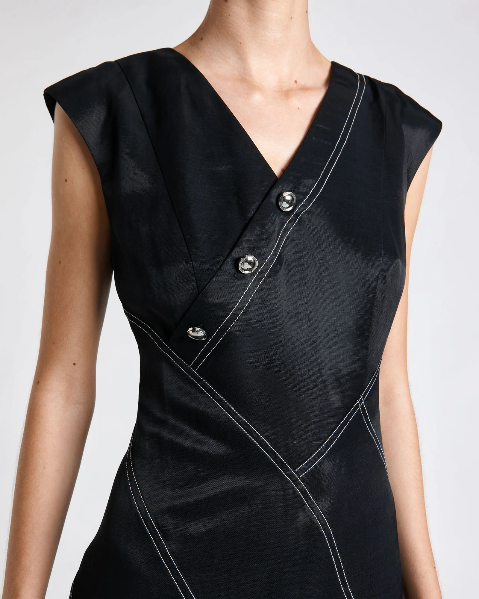 Topstitched Asymmetric Button Mini Dress