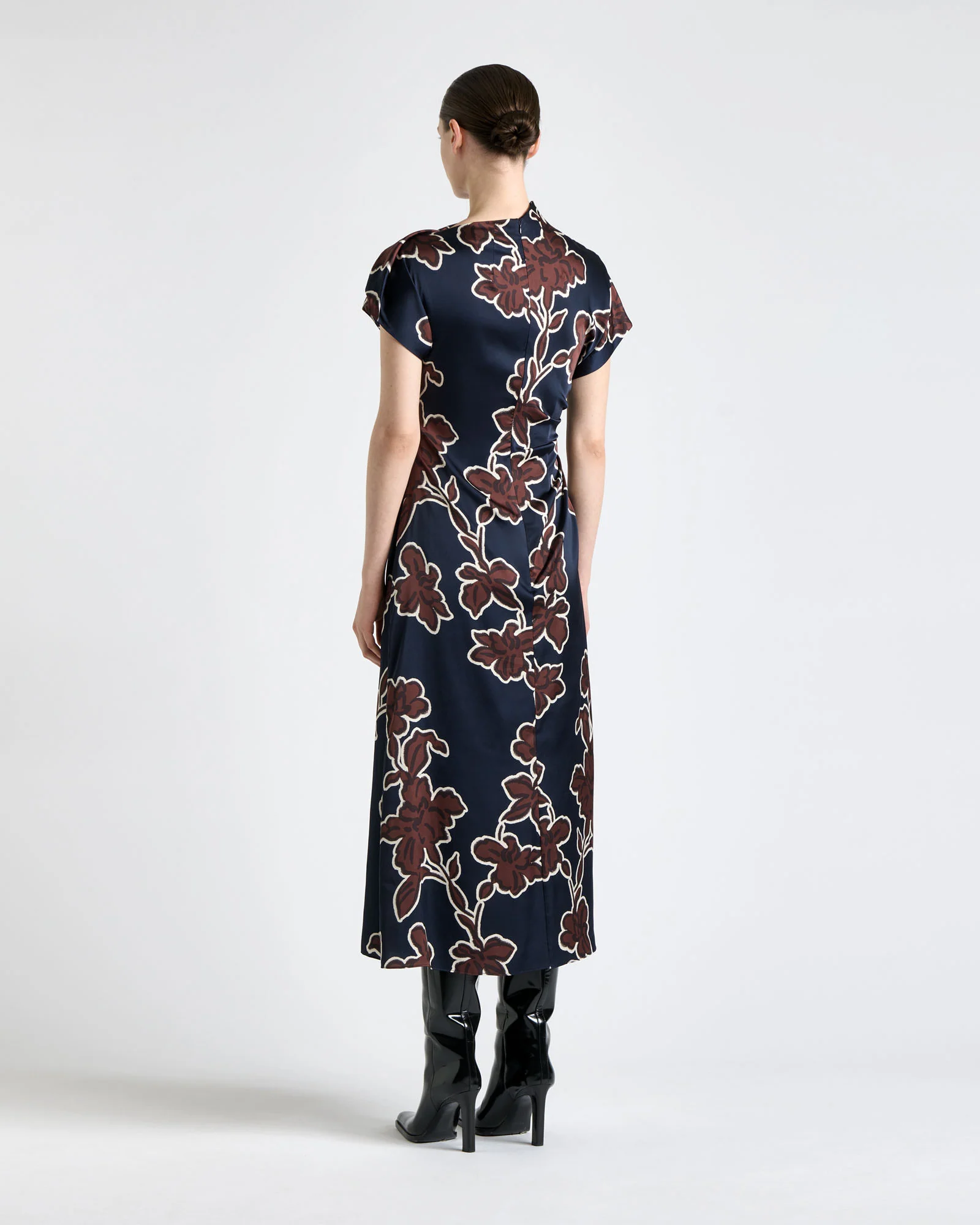 Ink Illustrated Floral Satin Fold Neck Dress