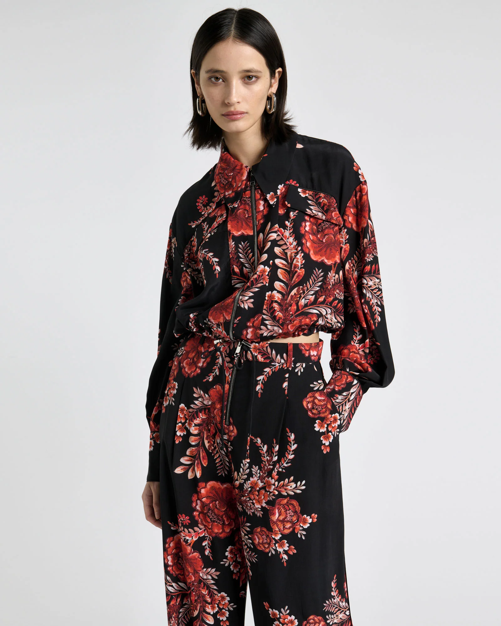 Etched Floral Viscose Cropped Bomber