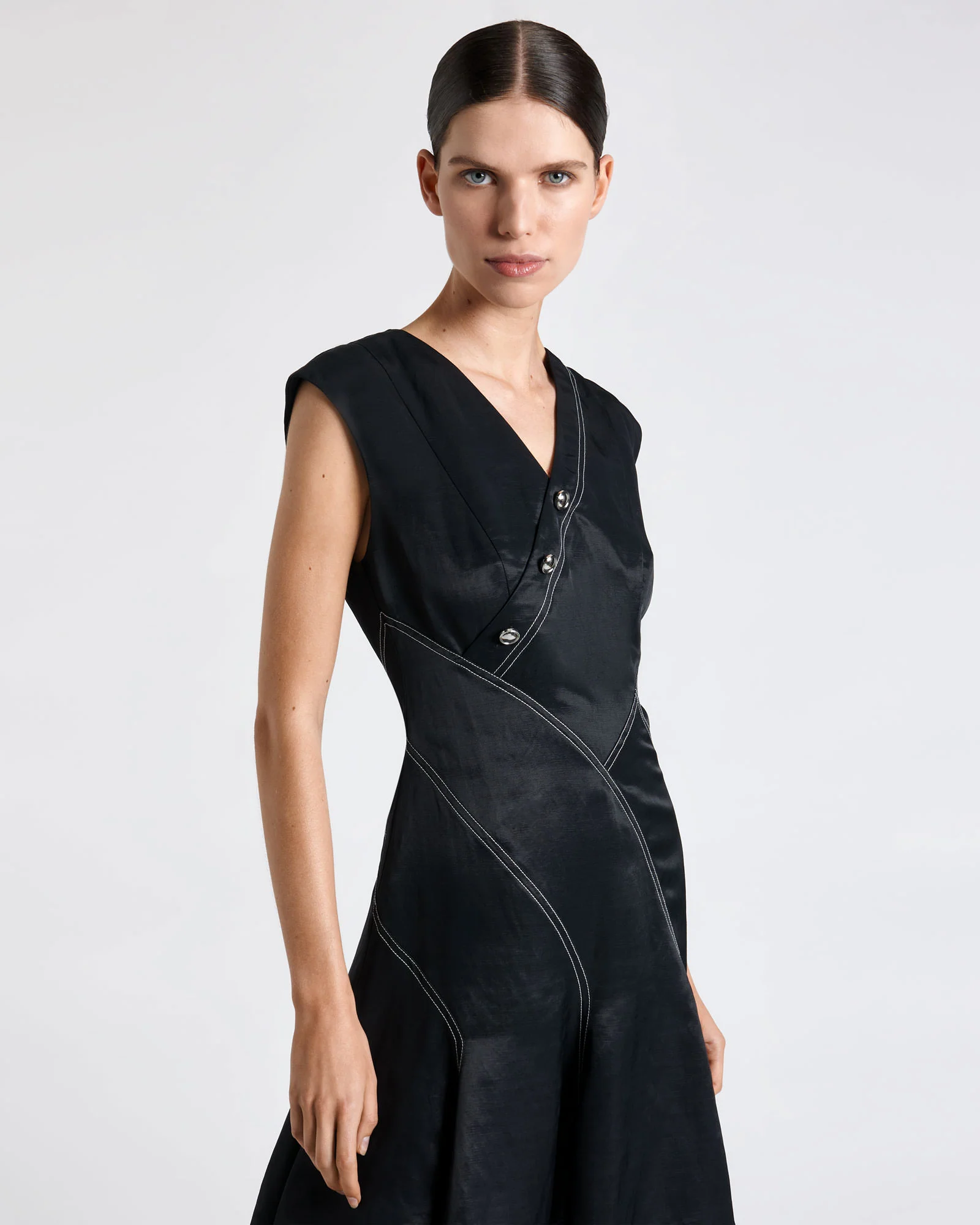 Topstitched Asymmetric Button Mini Dress