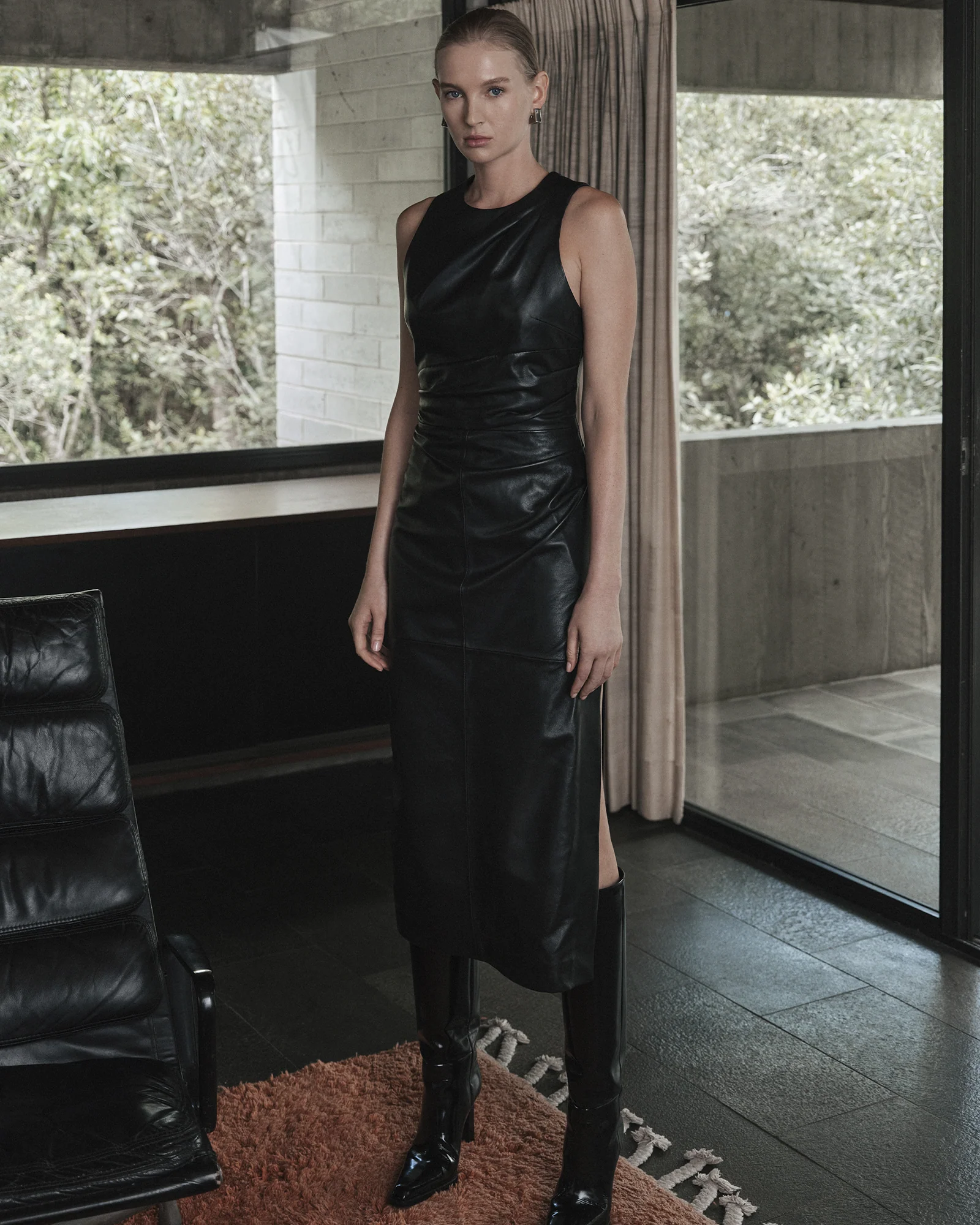 Leather Tucked Midi Dress