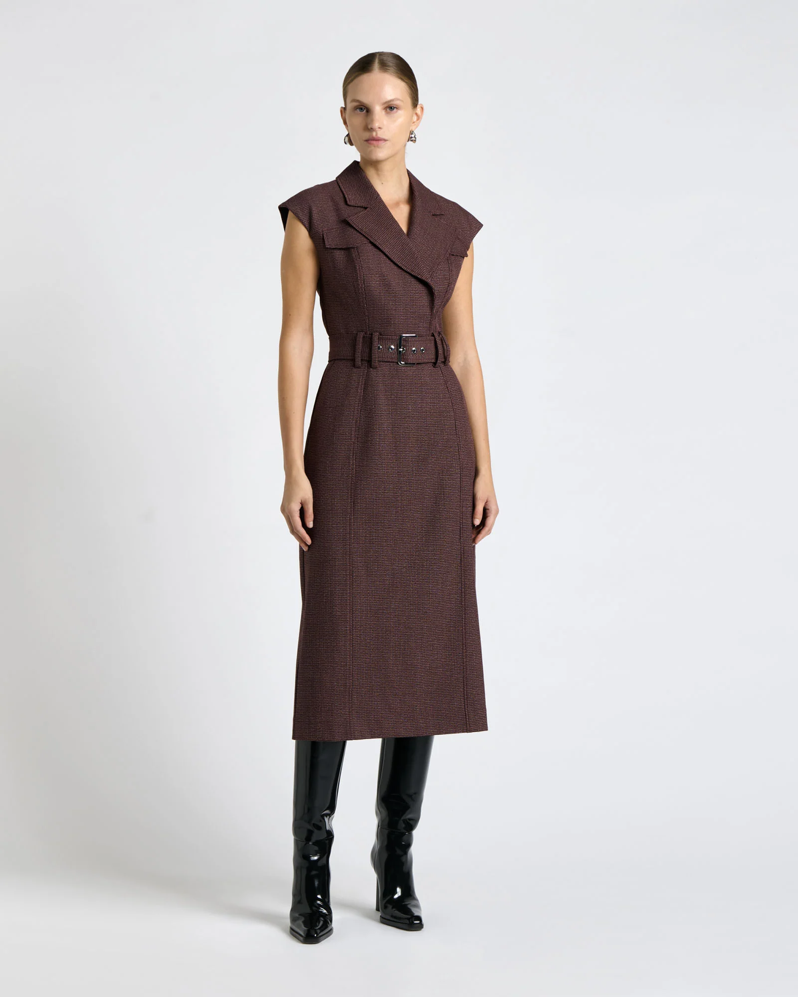 European Houndstooth Check Midi Dress