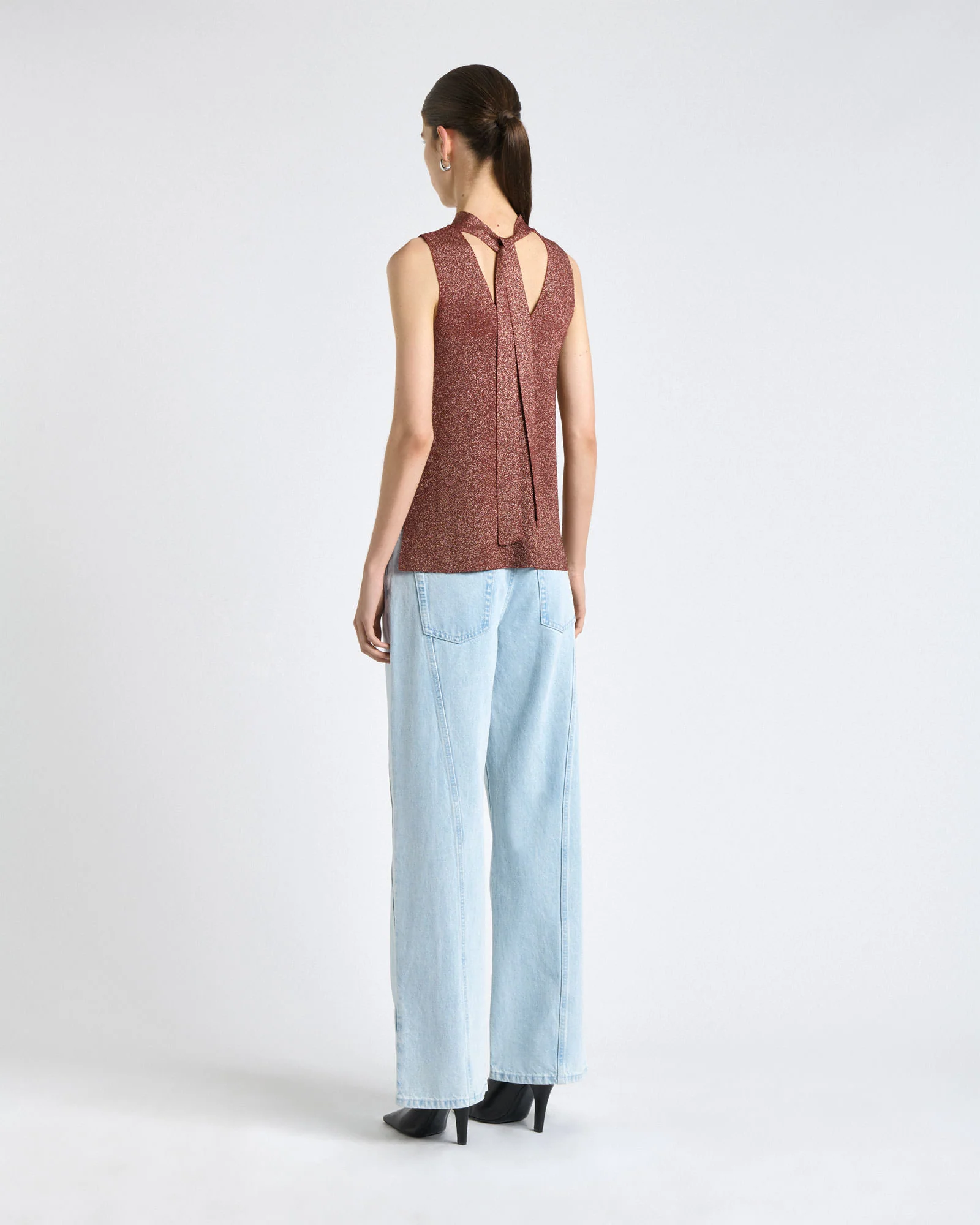 Rust Lurex Tie Neck Knit Top
