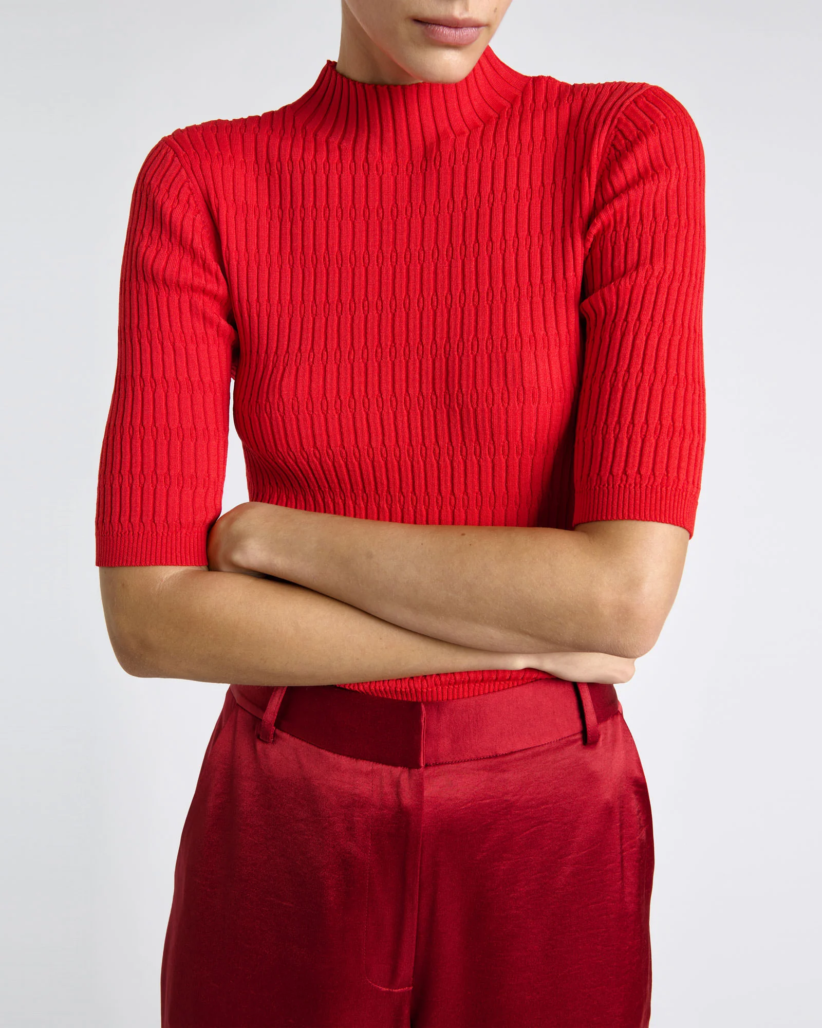 Textured Elbow Sleeve Funnel Neck Knit