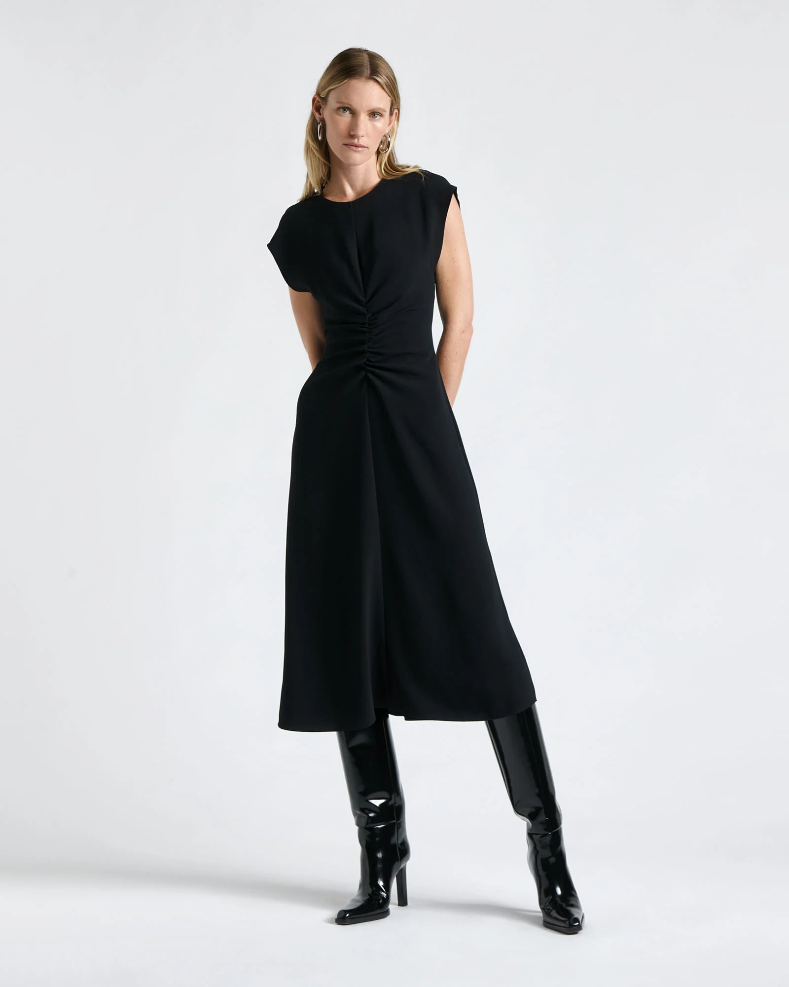 Crew Neck Ruched Midi Dress