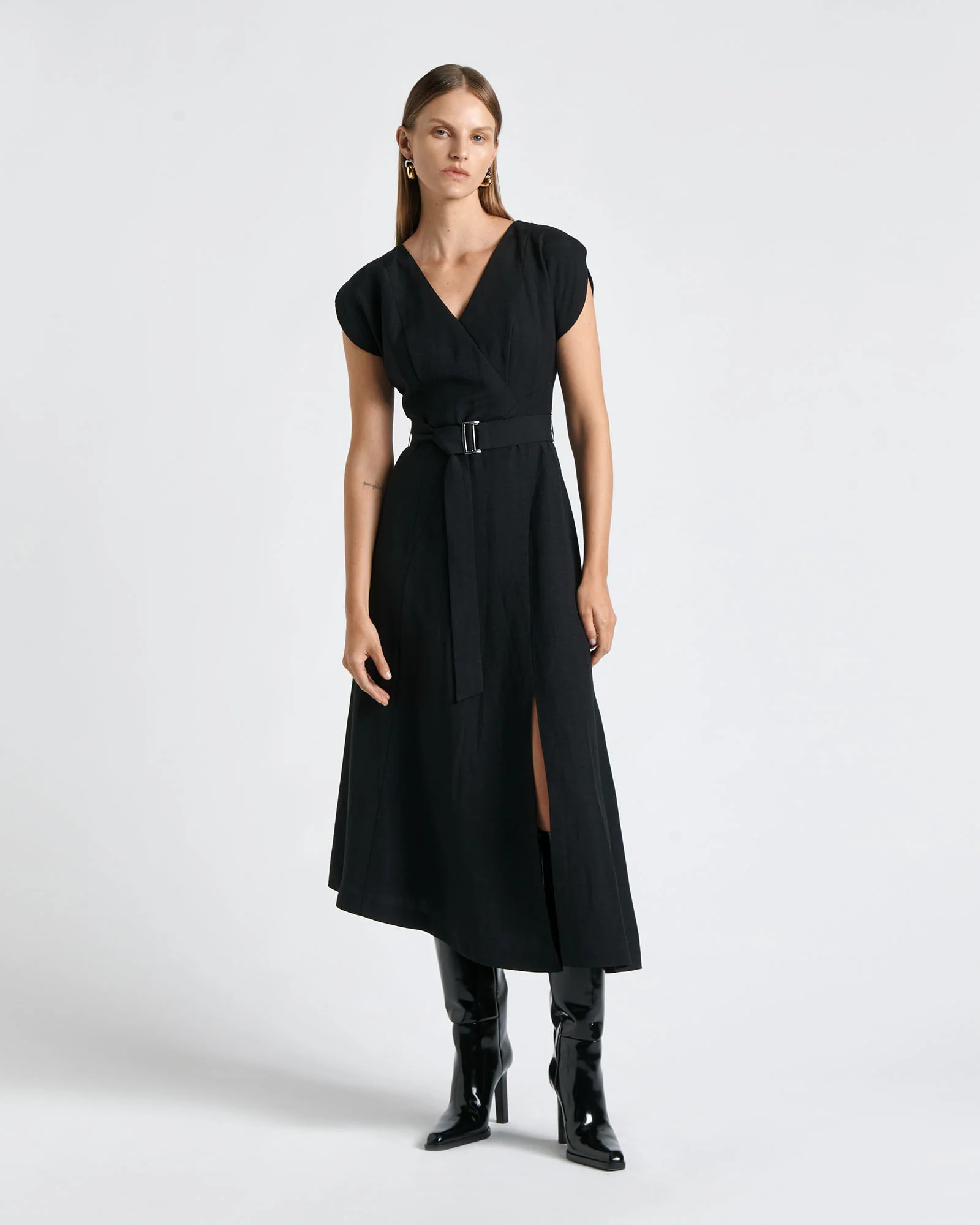 Belted Asymmetrical V-Neck Midi Dress