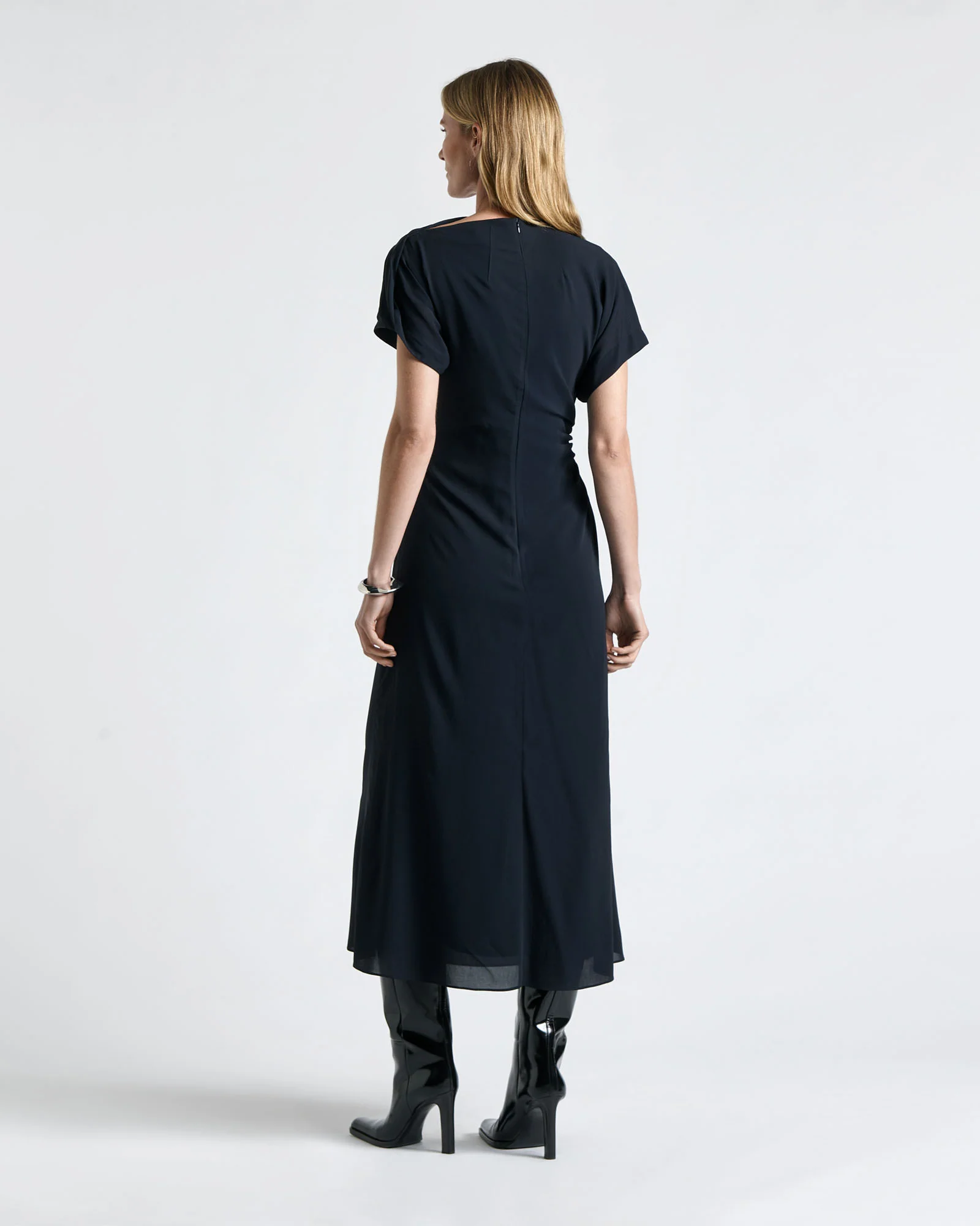 Draped Fold Neck Midi Dress