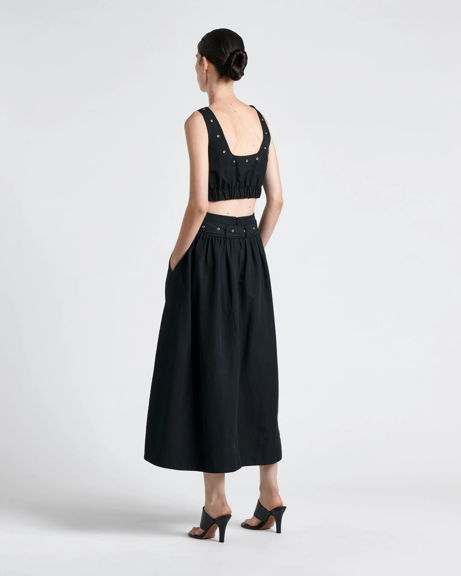 Black Modal Belted Eyelet Detail Midi Skirt