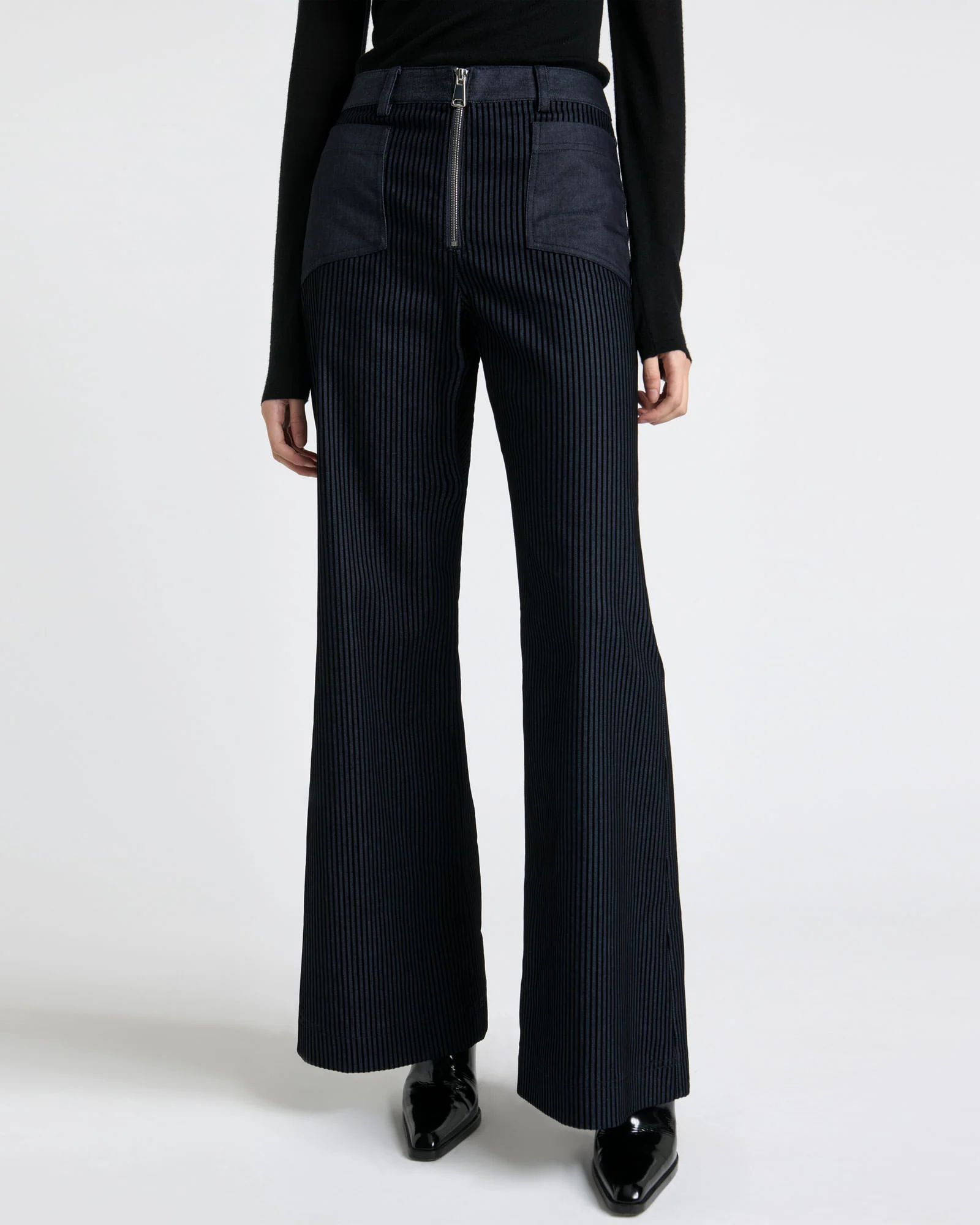 Striped Flocked Denim Wide Leg Jean