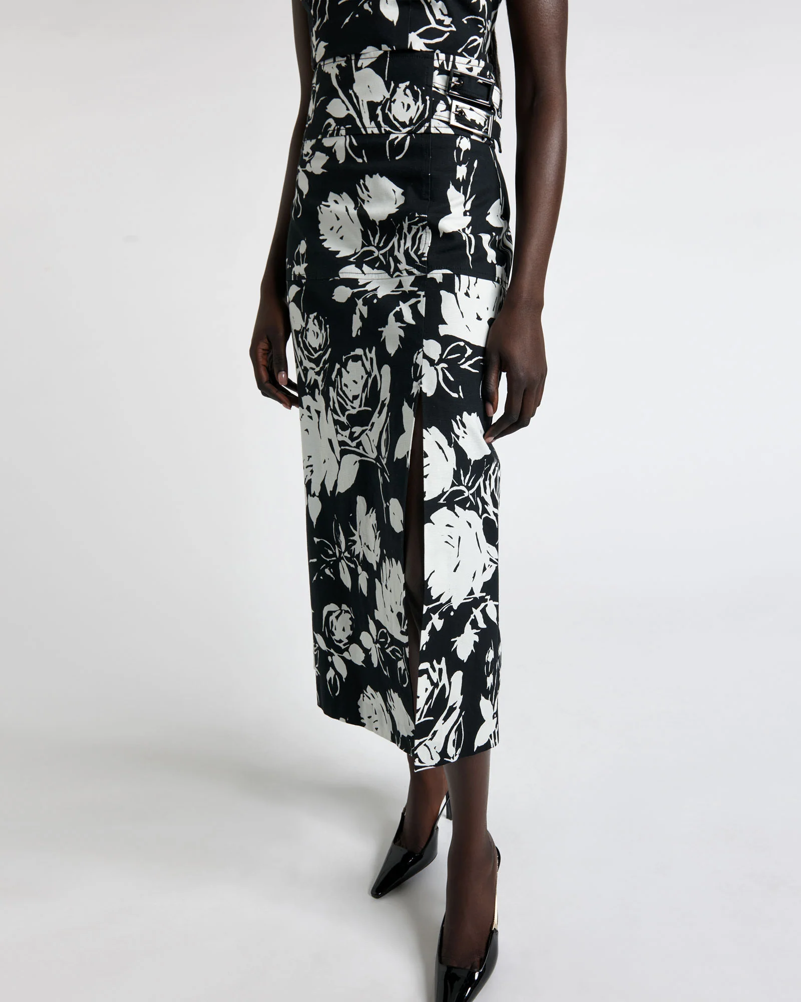 Black And White Rose Midi Skirt