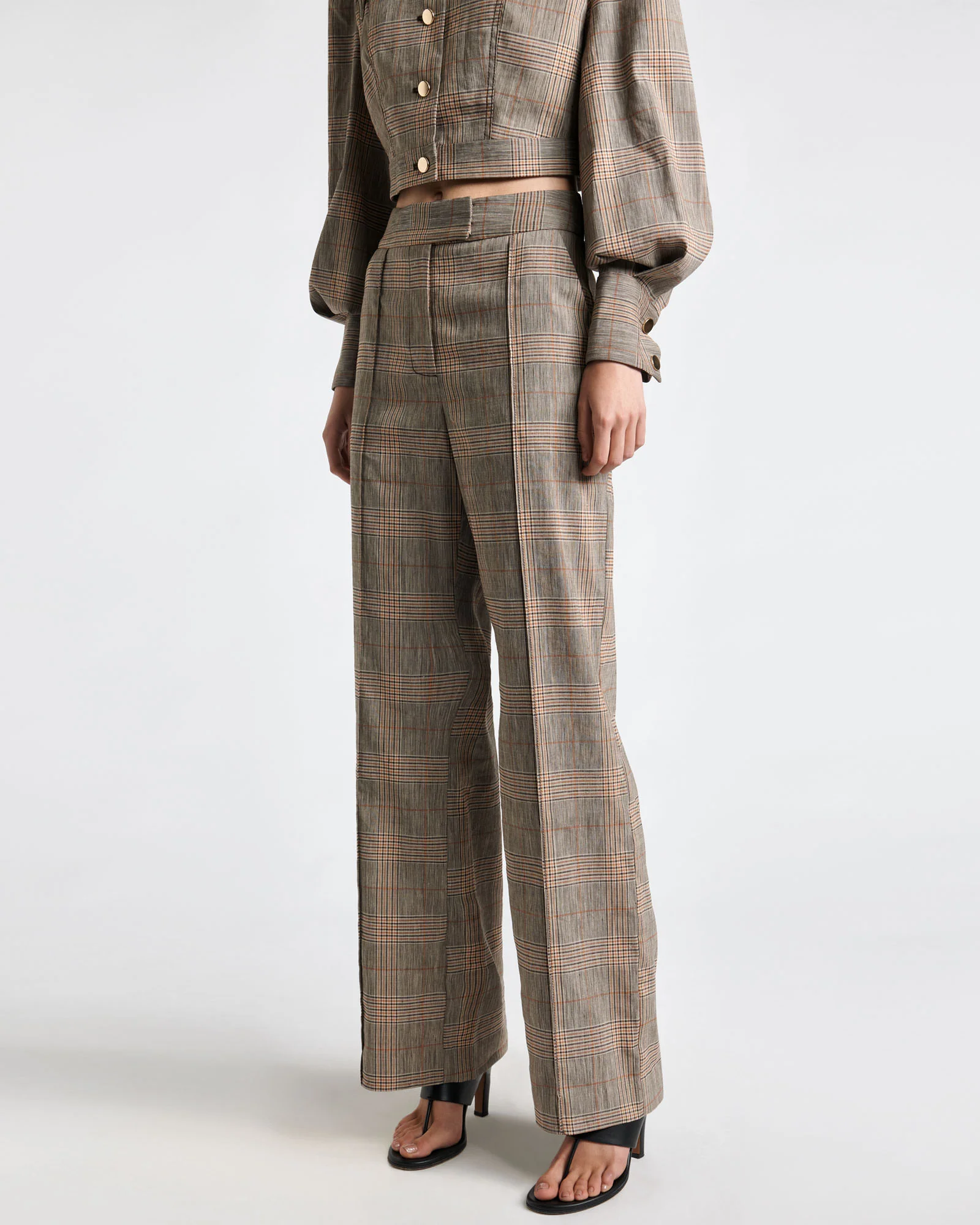 European Linen Wool Check Wide Leg Pant